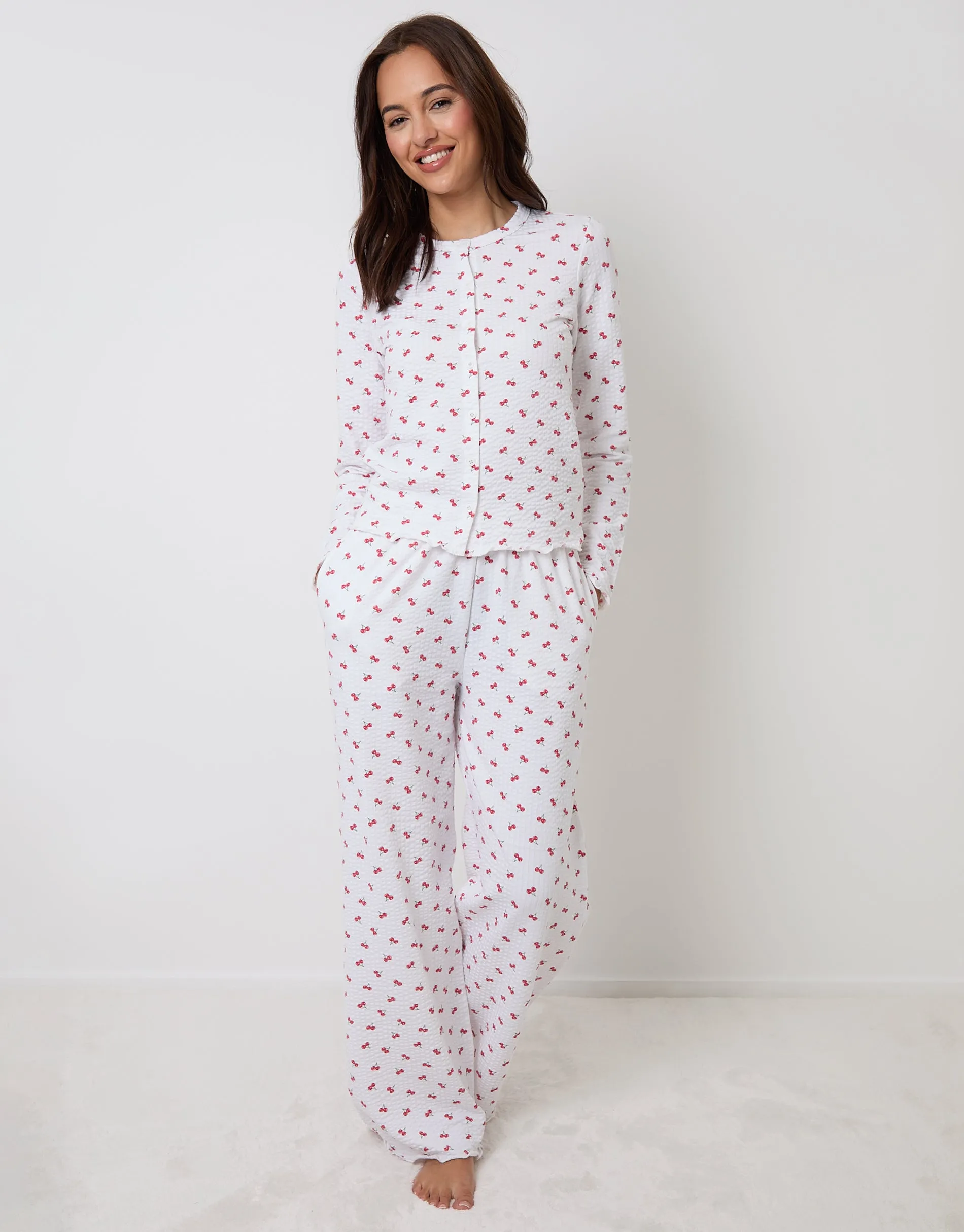 White Cherry Print Lettuce Hem Pyjamas (2-Piece Set) sold by Threadbare product image thumbnail 4