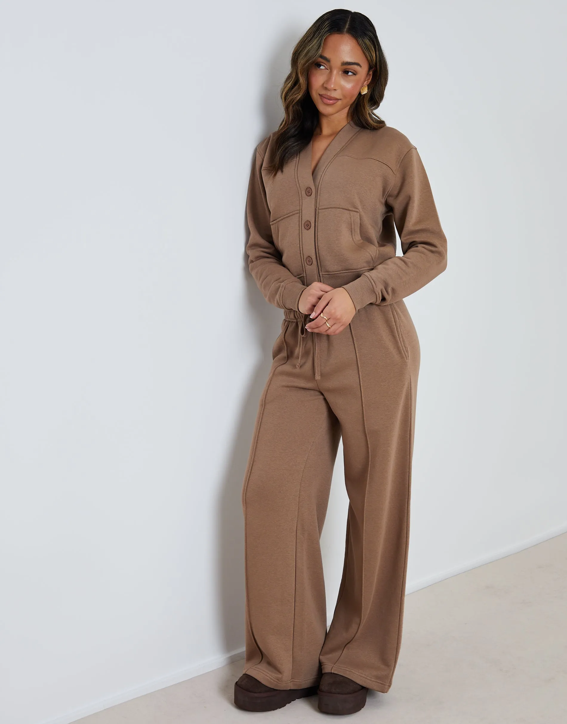 Brown Sweat Bomber Cardigan & Jogger Co-ord (2-Piece Set) sold by Threadbare