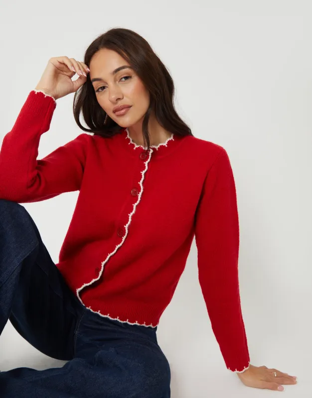 Red Crew Neck Scallop Trim Cardigan sold by Threadbare