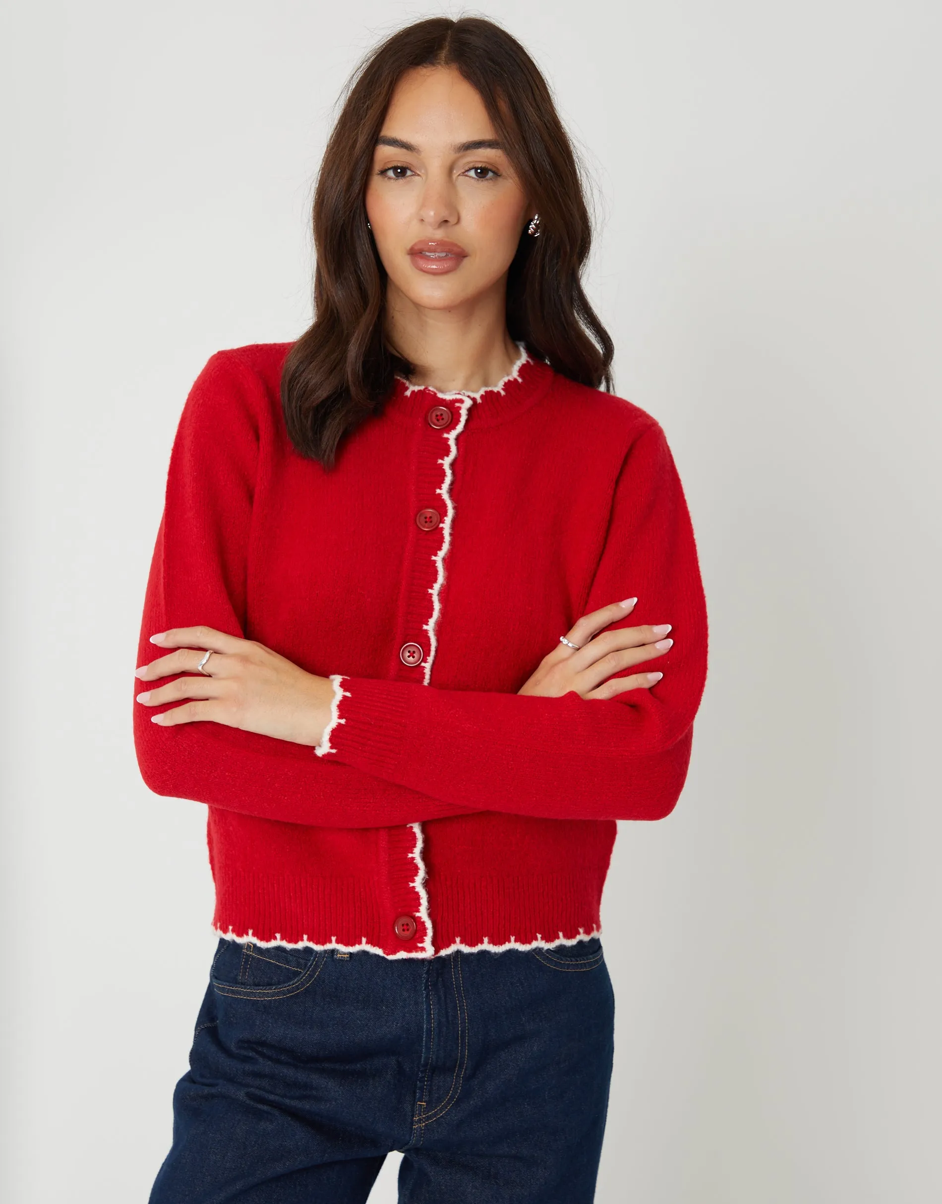 Red Crew Neck Scallop Trim Cardigan sold by Threadbare product image thumbnail 5