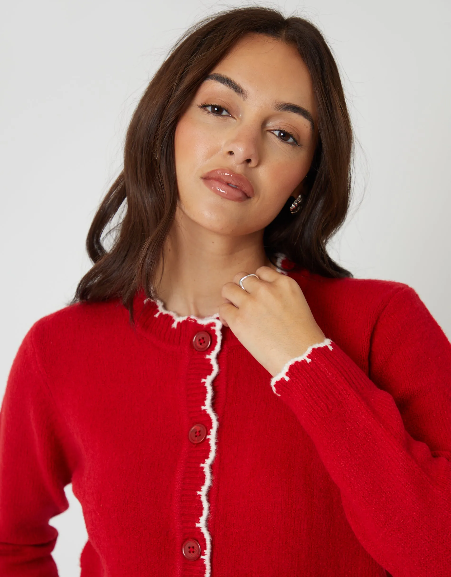 Red Crew Neck Scallop Trim Cardigan sold by Threadbare product image thumbnail 3