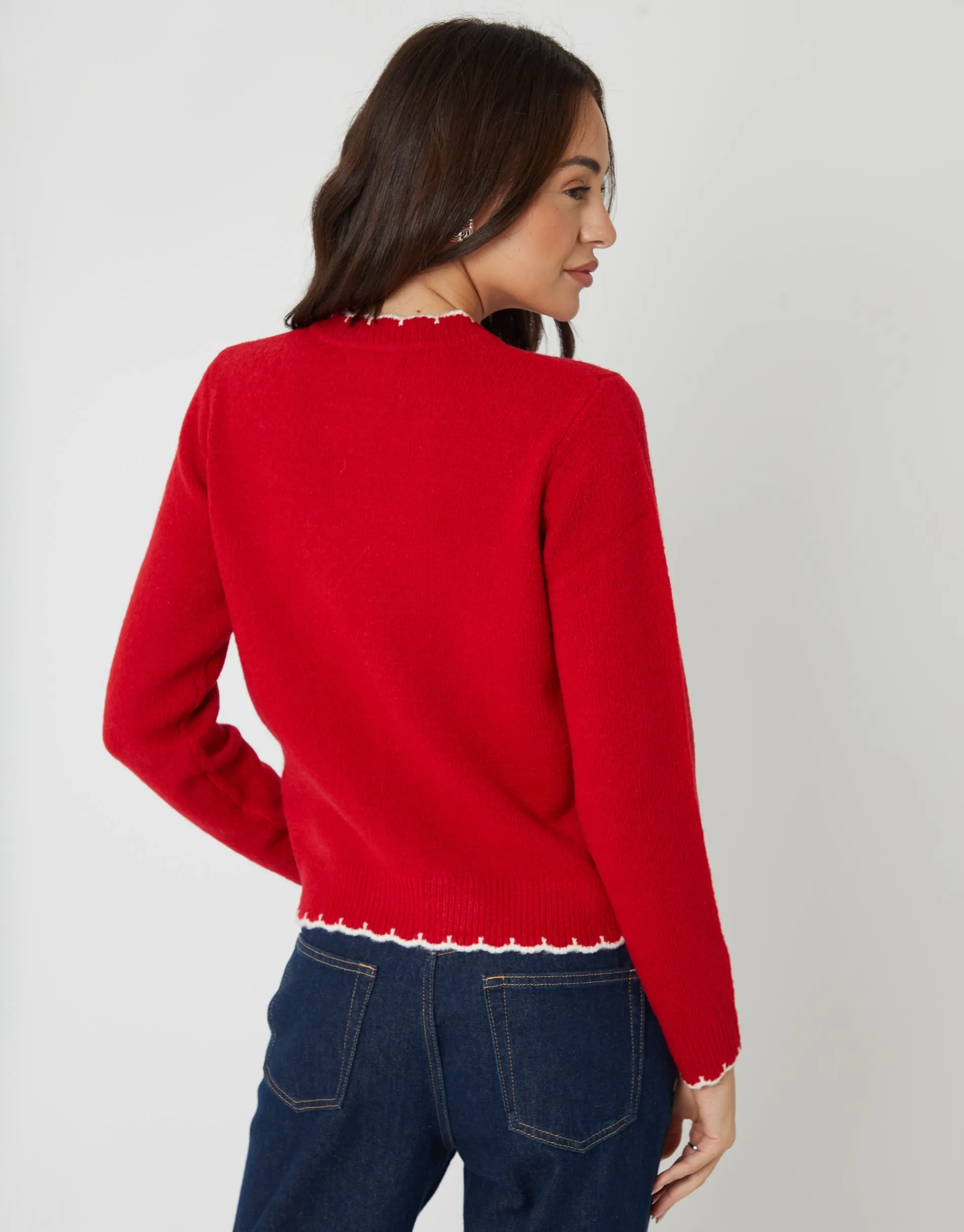 Red Crew Neck Scallop Trim Cardigan sold by Threadbare product image thumbnail 2