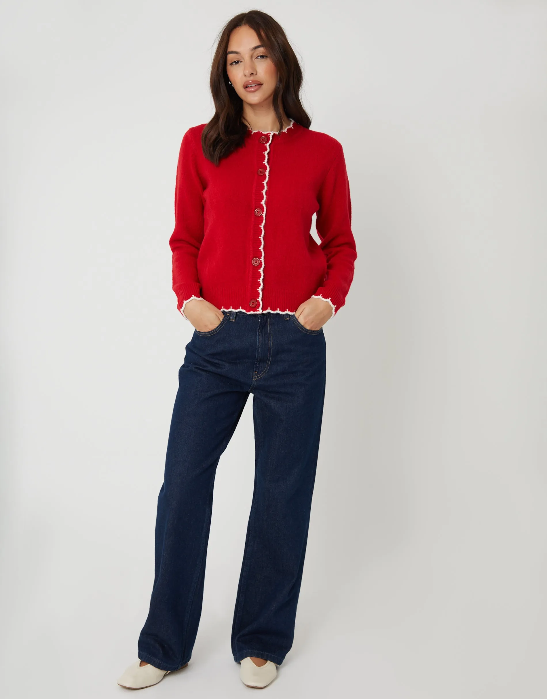 Red Crew Neck Scallop Trim Cardigan sold by Threadbare product image thumbnail 4