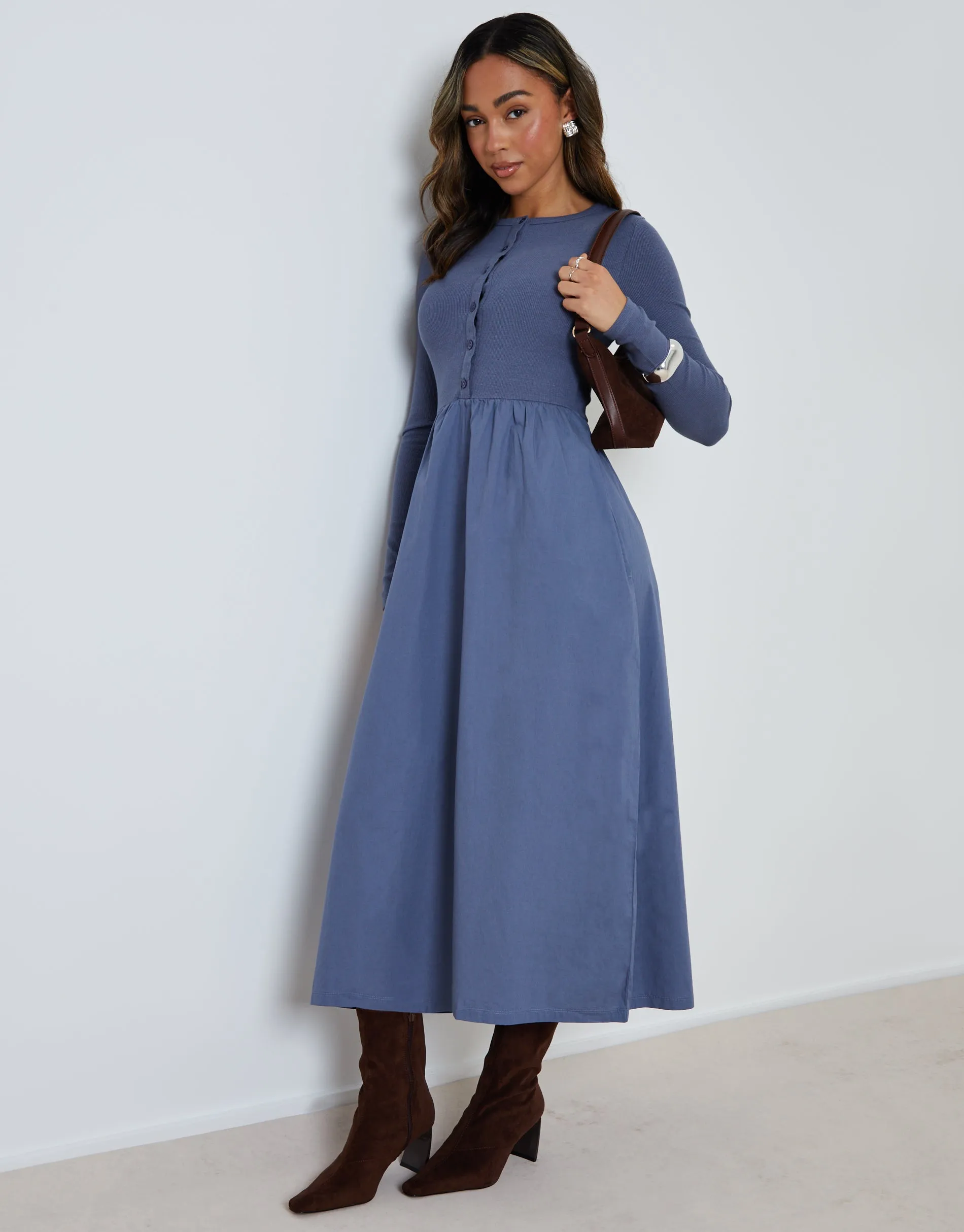 Blue 2-in-1 Jersey Poplin Mix Button Down Dress sold by Threadbare product image thumbnail 4