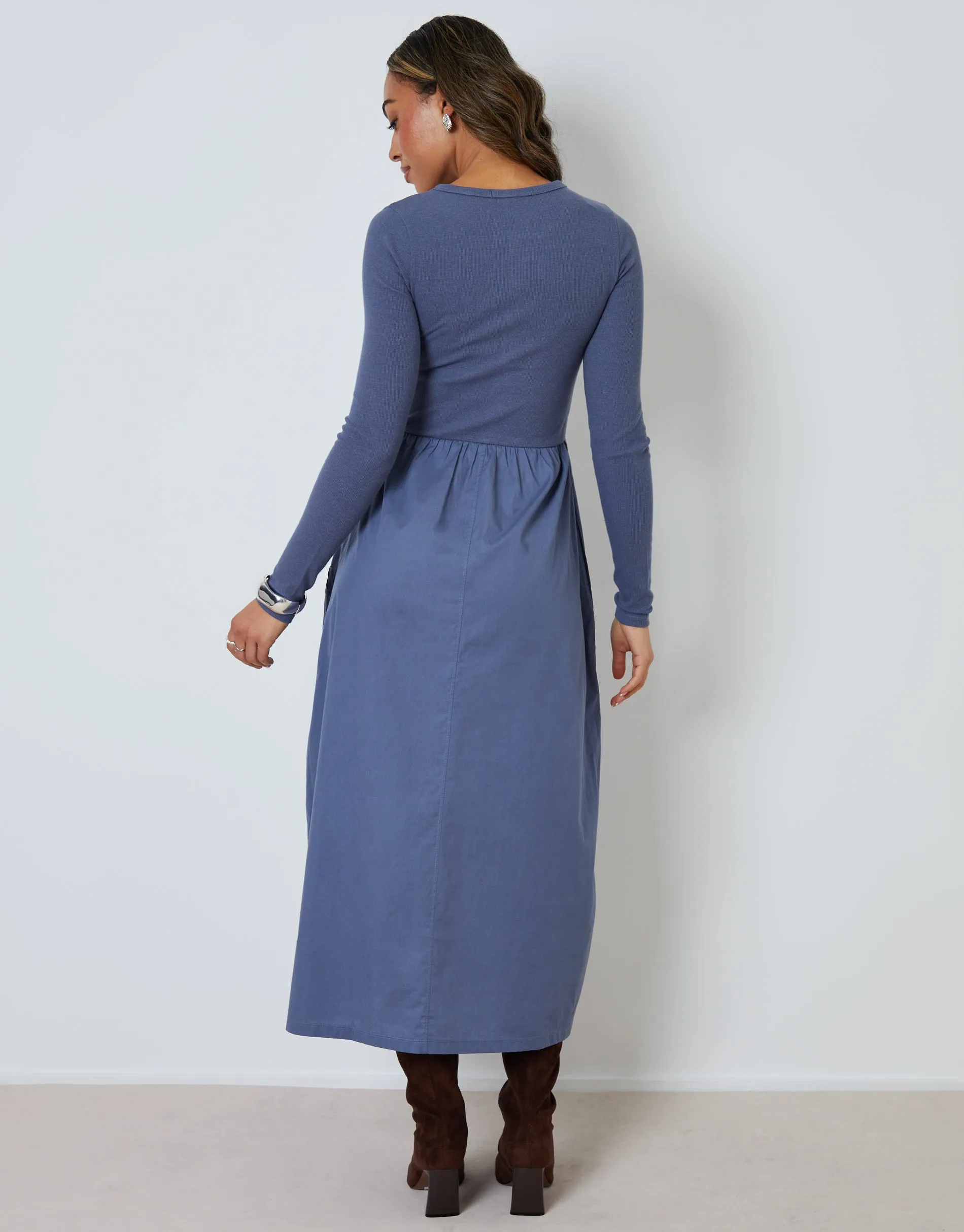 Blue 2-in-1 Jersey Poplin Mix Button Down Dress sold by Threadbare product image thumbnail 2