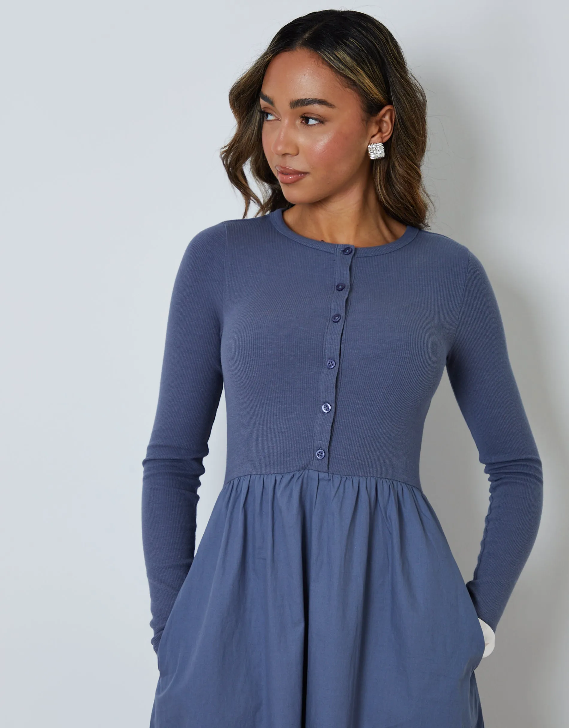 Blue 2-in-1 Jersey Poplin Mix Button Down Dress sold by Threadbare product image thumbnail 3