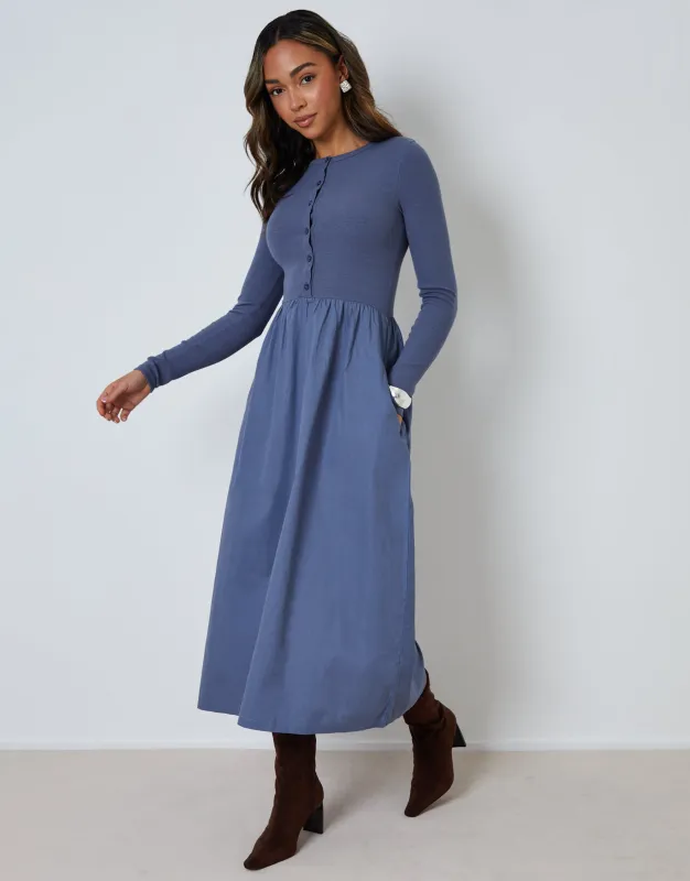 Blue 2-in-1 Jersey Poplin Mix Button Down Dress sold by Threadbare