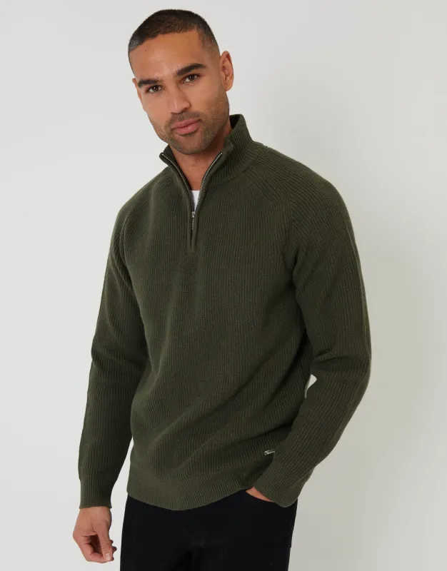 Forest Green Rib Panel Quarter Zip Knitted Jumper sold by Threadbare