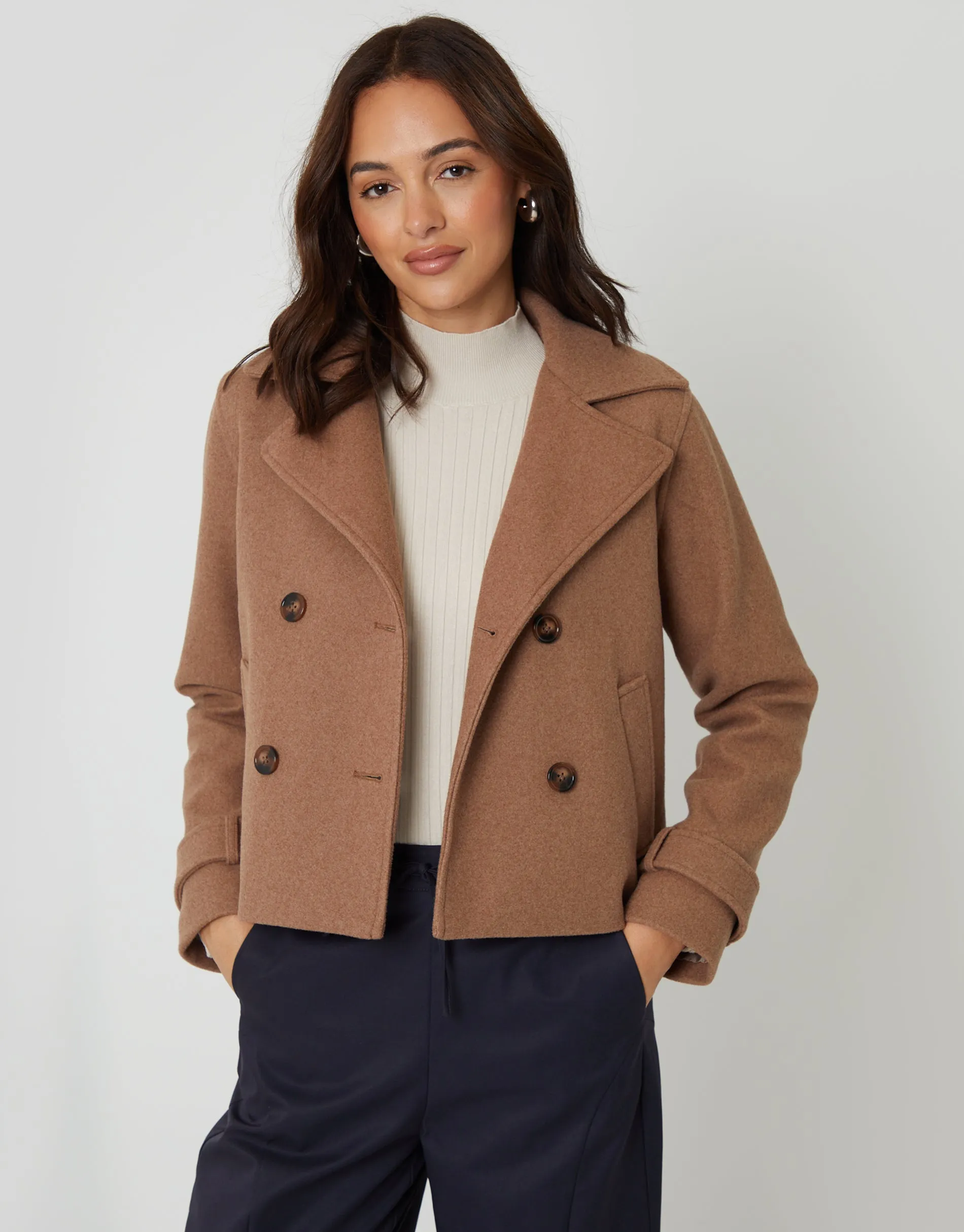 Mocha Brown Faux Wool Cropped Trench Coat sold by Threadbare product image thumbnail 4