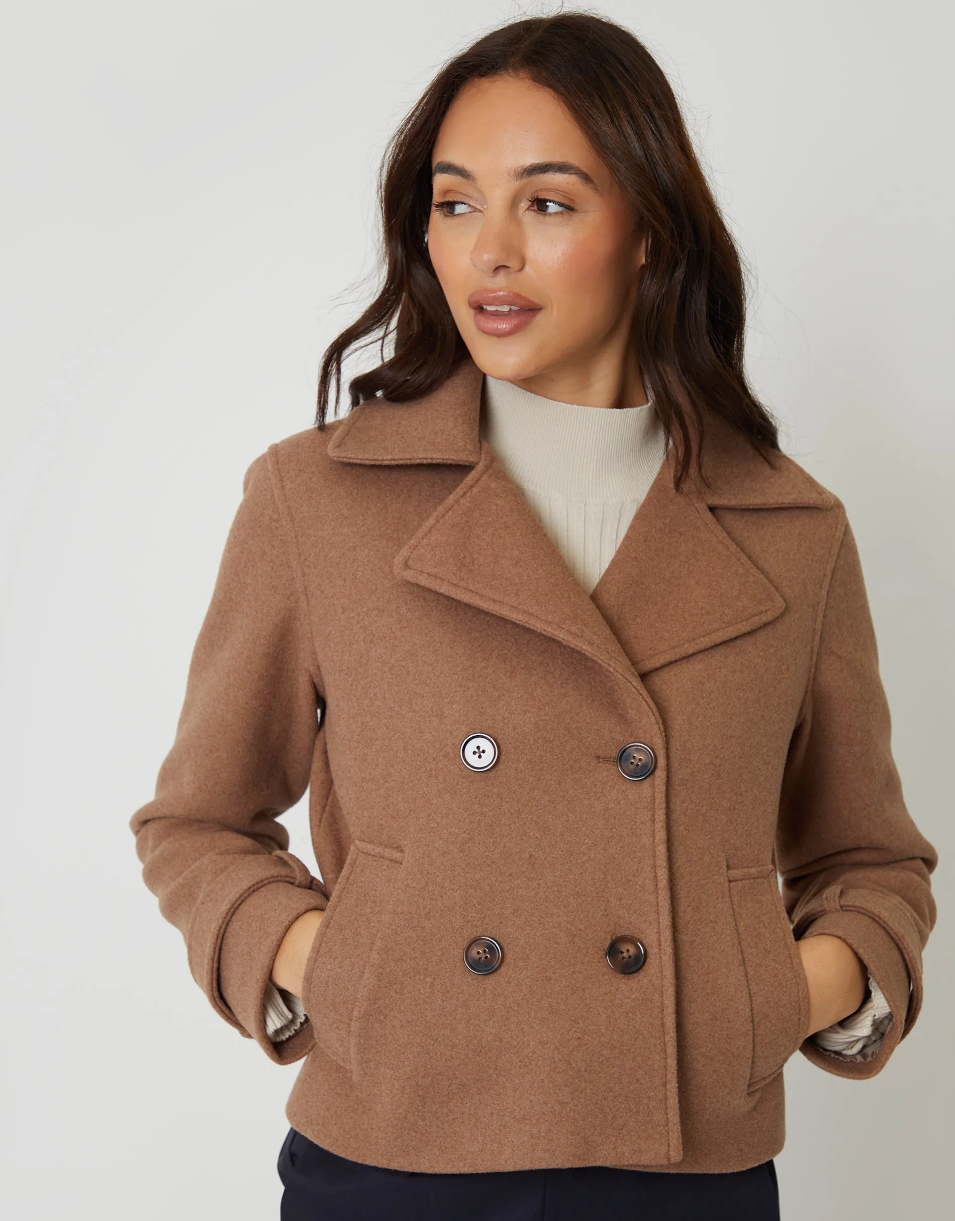 Mocha Brown Faux Wool Cropped Trench Coat sold by Threadbare product image thumbnail 3