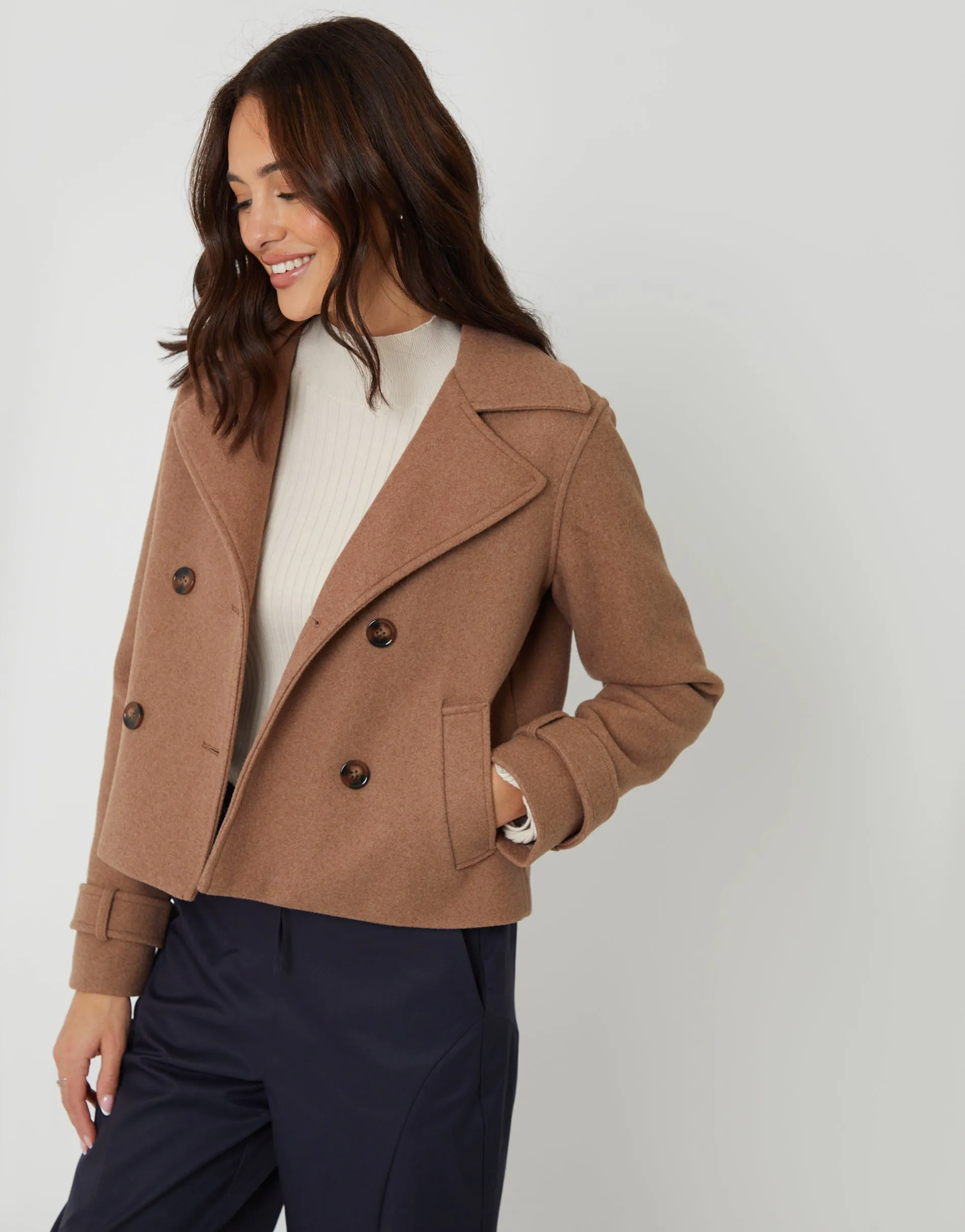 Mocha Brown Faux Wool Cropped Trench Coat sold by Threadbare product image thumbnail 5