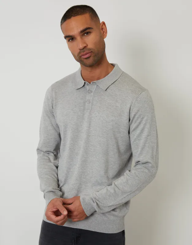 Grey Marl Knitted Long Sleeve Polo Jumper sold by Threadbare