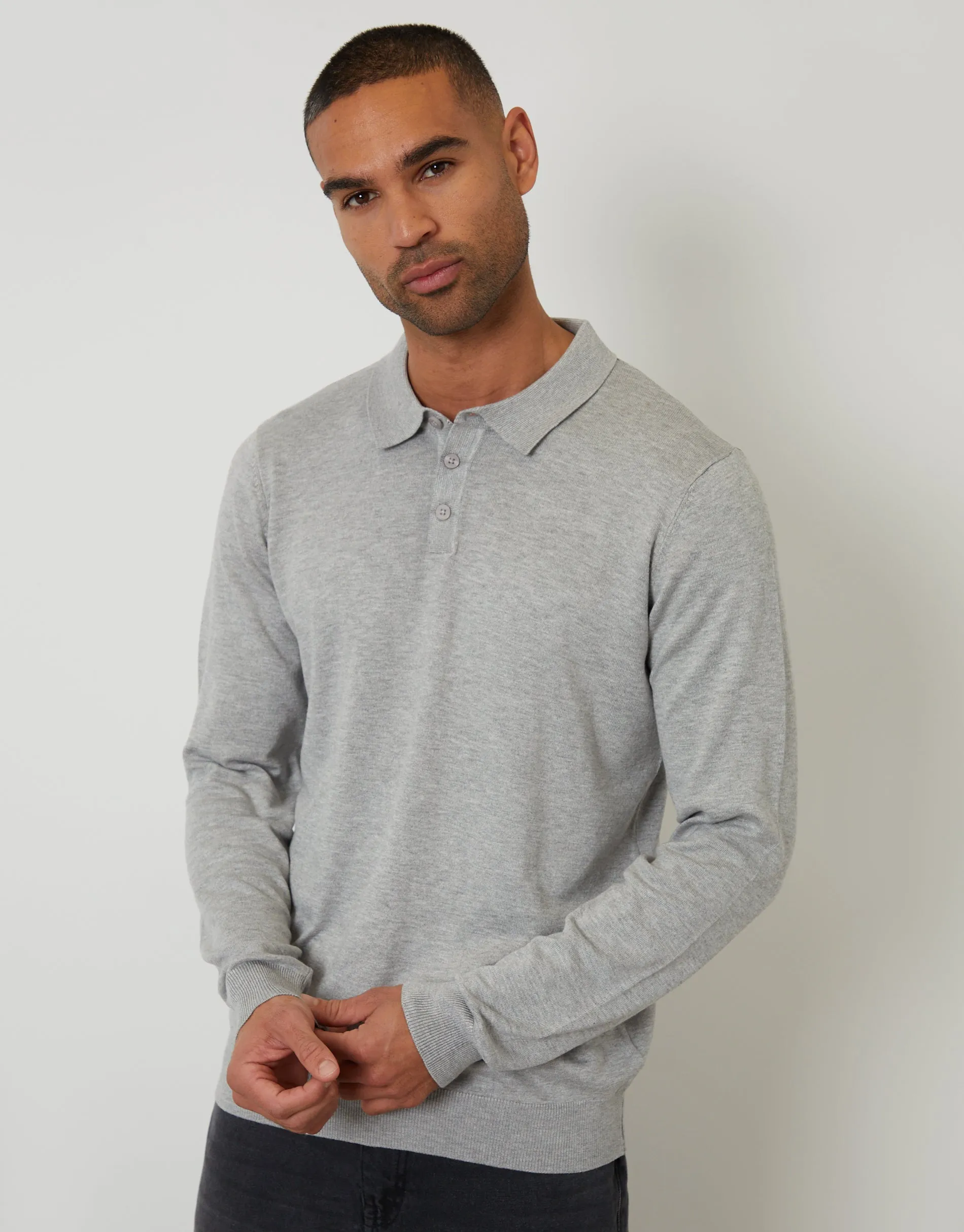 Knitted Long Sleeve Polo Jumper in Grey Marl sold by Threadbare