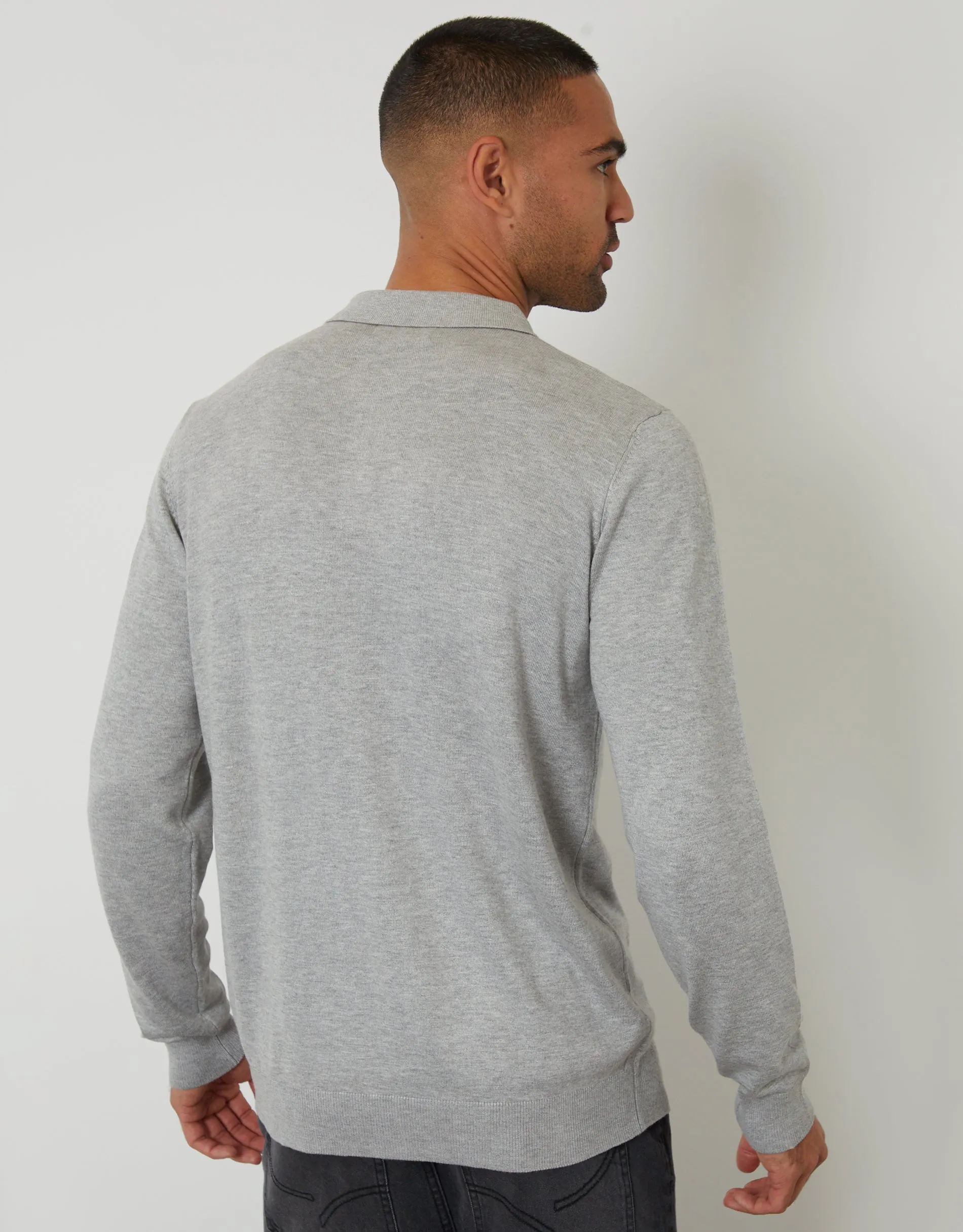 Knitted Long Sleeve Polo Jumper in Grey Marl sold by Threadbare product image thumbnail 2