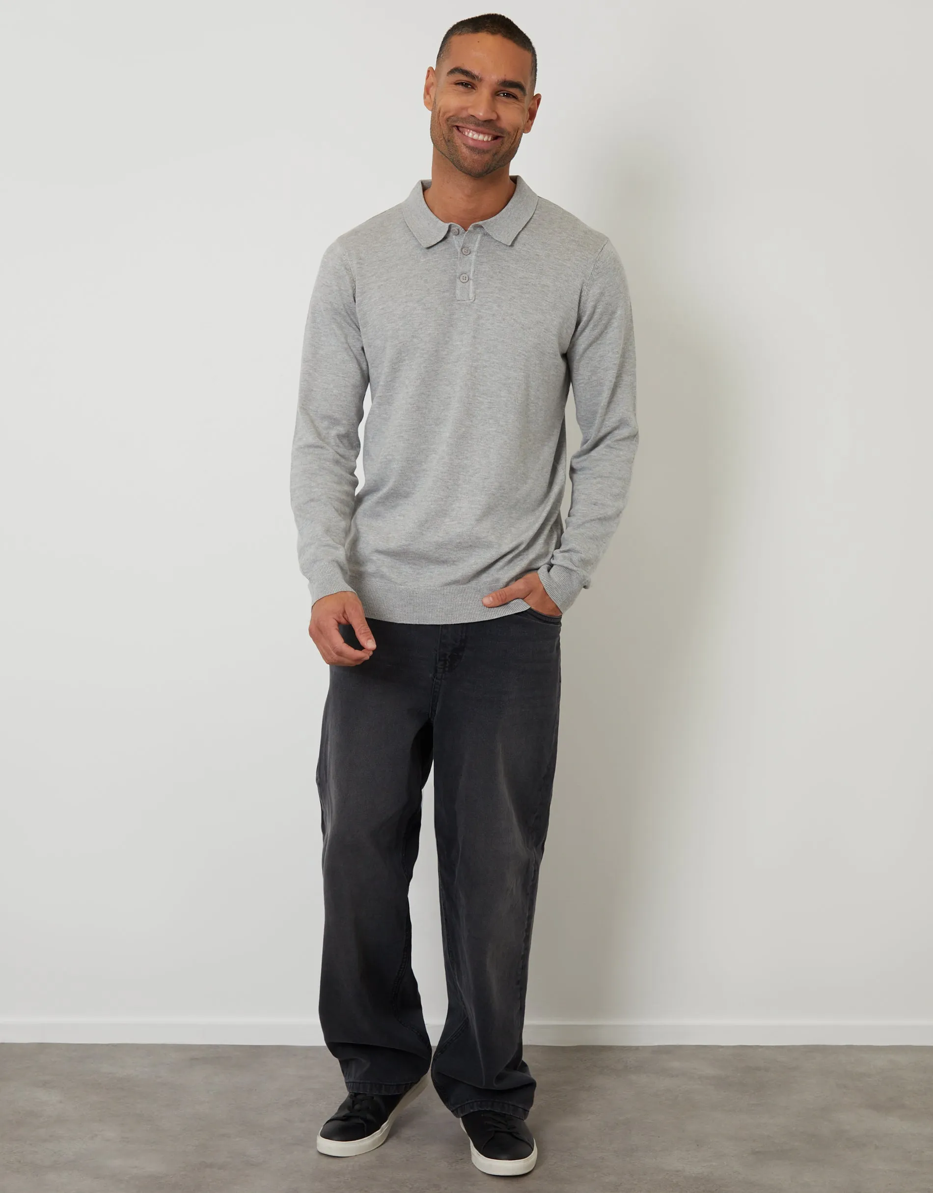 Knitted Long Sleeve Polo Jumper in Grey Marl sold by Threadbare product image thumbnail 3