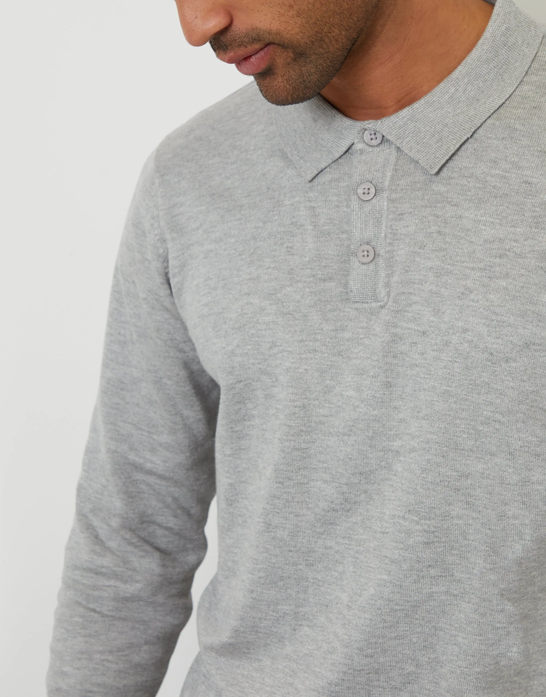 Knitted Long Sleeve Polo Jumper in Grey Marl sold by Threadbare product image thumbnail 4
