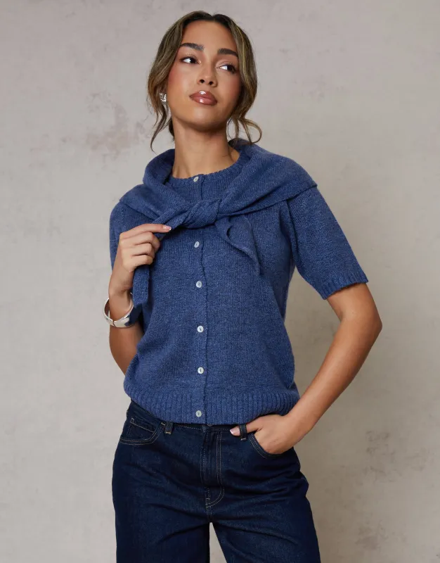 Blue Scarf Neck Short Sleeve Cardigan (2-Piece Set) sold by Threadbare