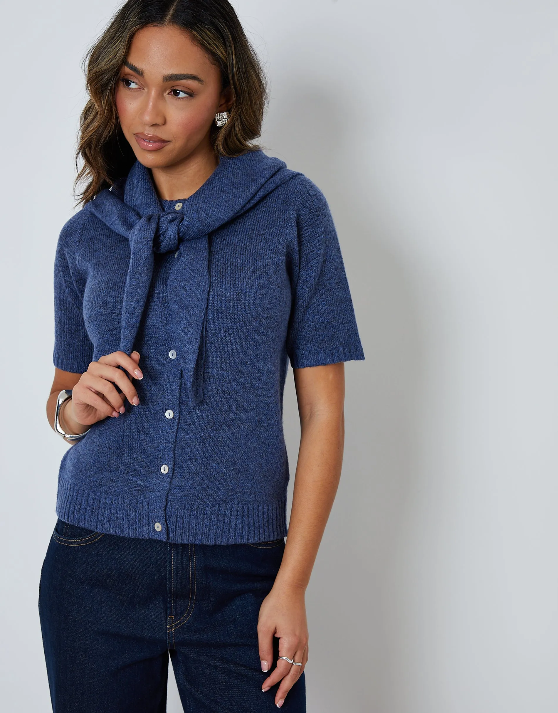 Blue Scarf Neck Short Sleeve Cardigan (2-Piece Set) sold by Threadbare product image thumbnail 4