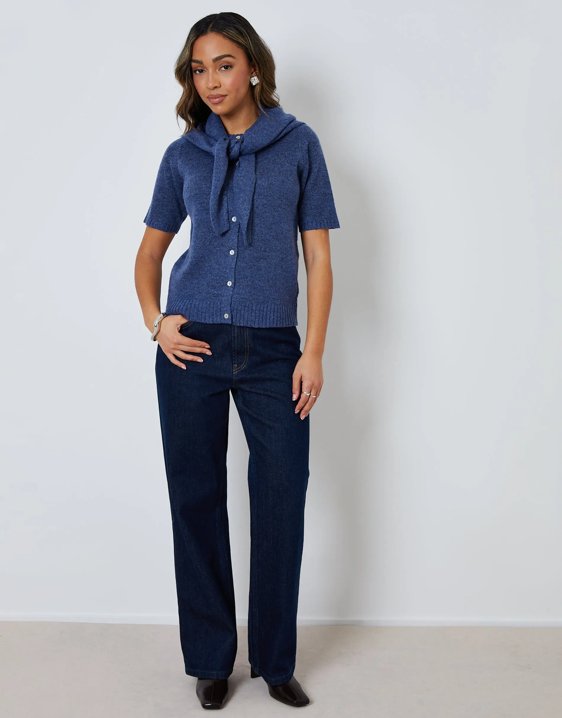 Blue Scarf Neck Short Sleeve Cardigan (2-Piece Set) sold by Threadbare product image thumbnail 5