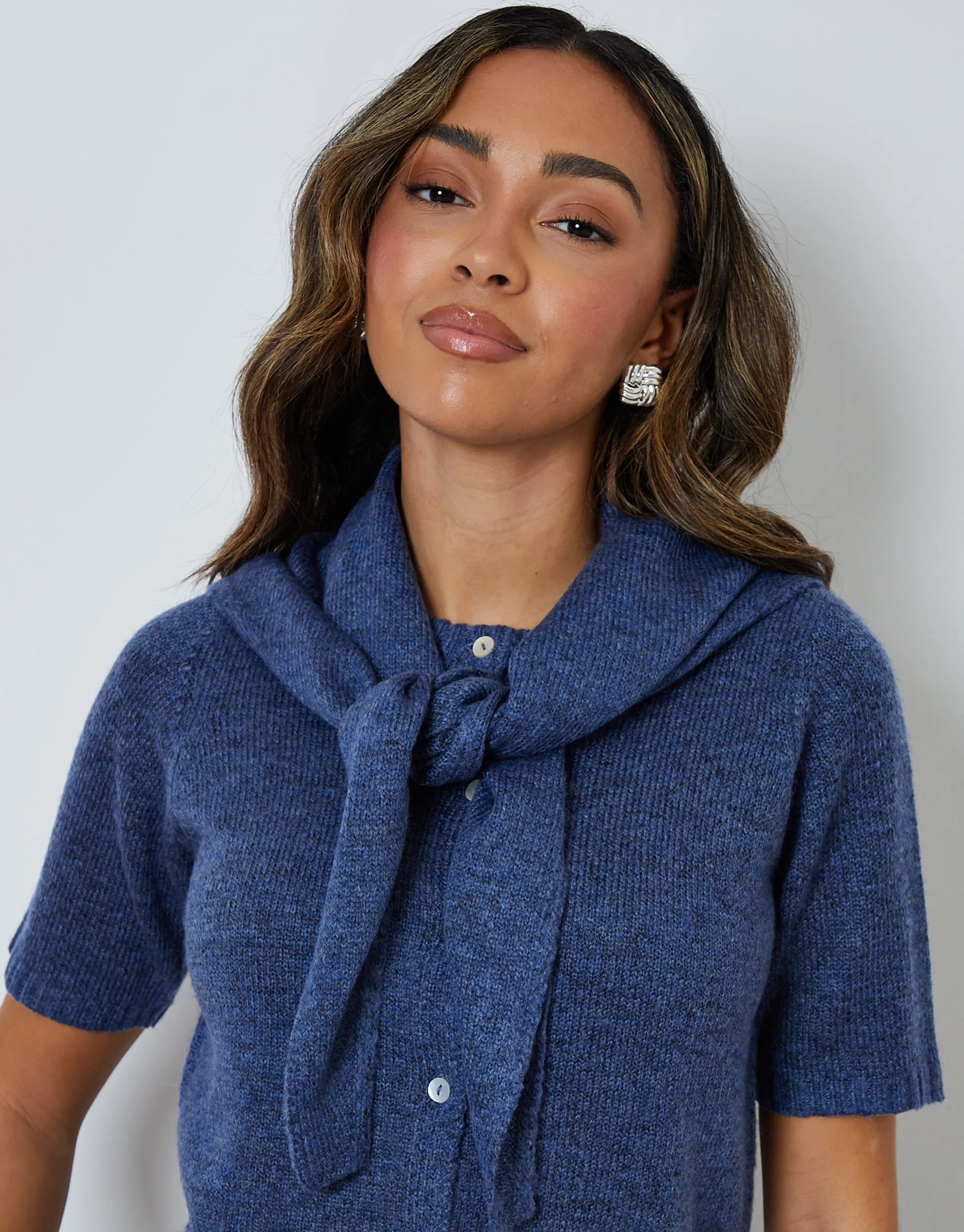 Blue Scarf Neck Short Sleeve Cardigan (2-Piece Set) sold by Threadbare product image thumbnail 3