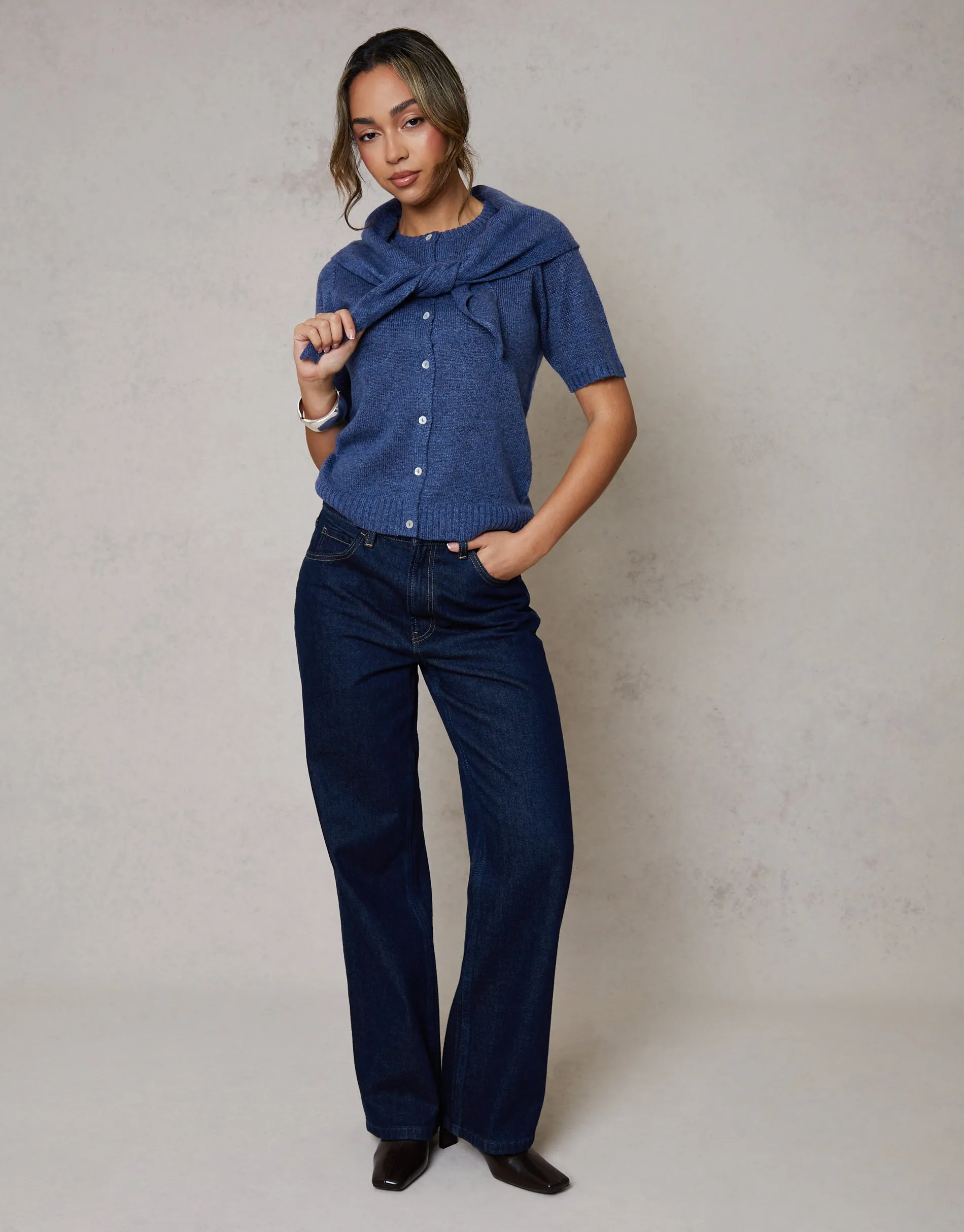 Blue Scarf Neck Short Sleeve Cardigan (2-Piece Set) sold by Threadbare product image thumbnail 2