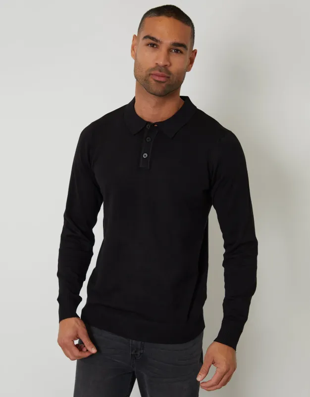 Black Knitted Long Sleeve Polo Jumper sold by Threadbare