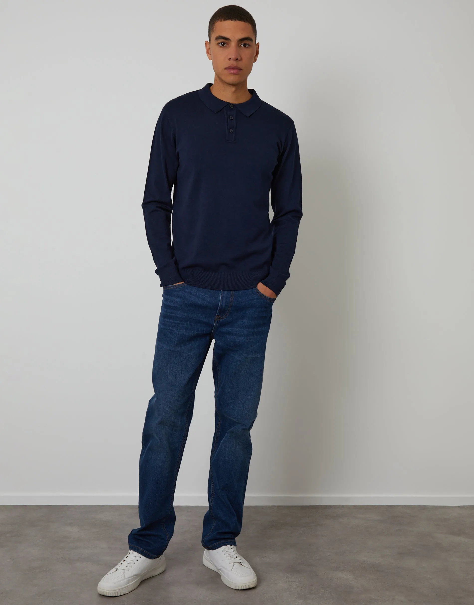 Navy Knitted Long Sleeve Polo Jumper sold by Threadbare product image thumbnail 3