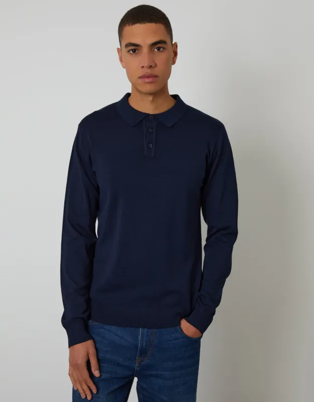 Navy Knitted Long Sleeve Polo Jumper sold by Threadbare