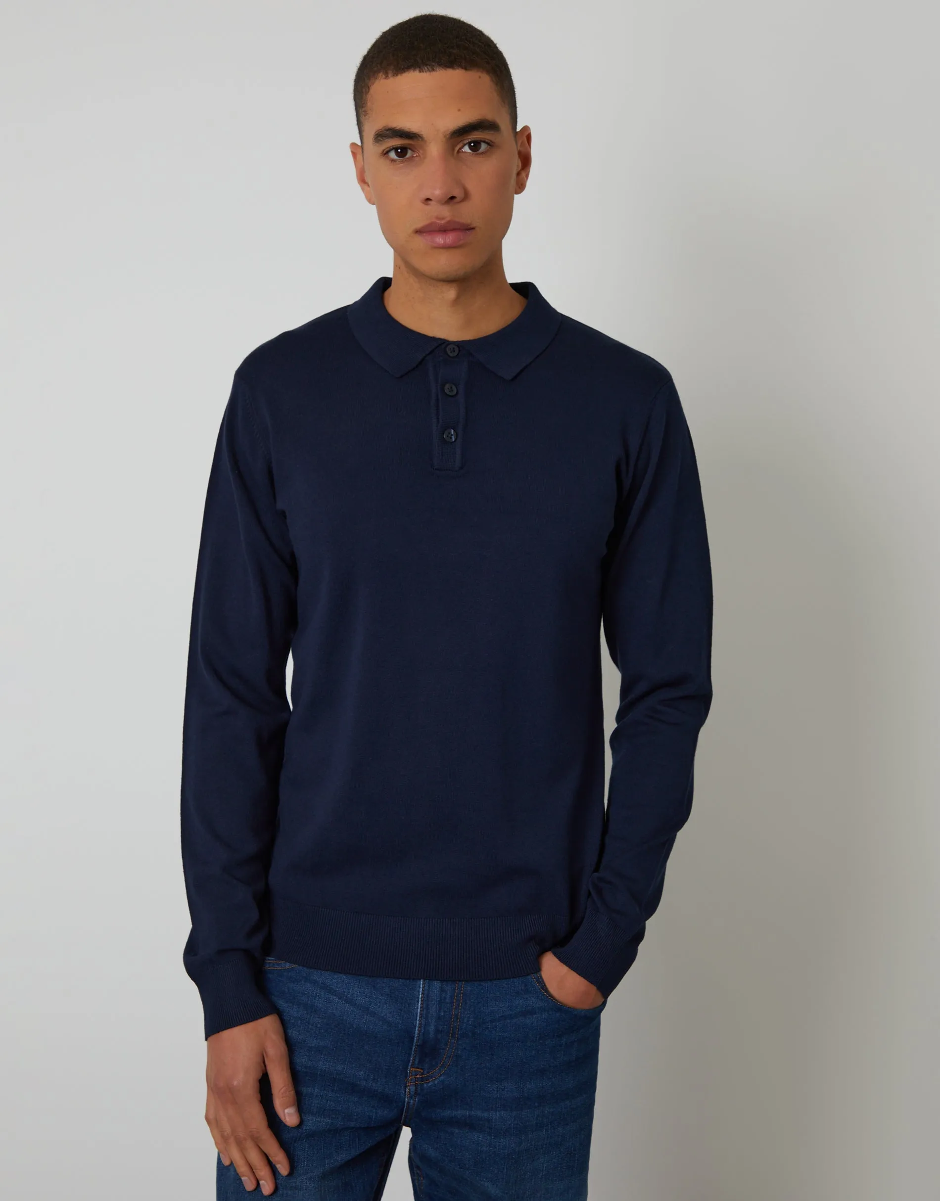 Navy Knitted Long Sleeve Polo Jumper sold by Threadbare
