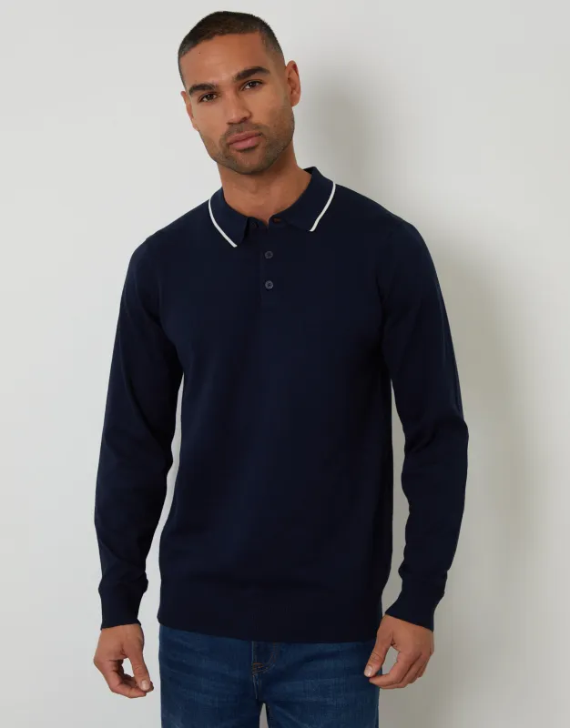 Navy Knitted Long Sleeve Contrast Tipping Polo Jumper sold by Threadbare