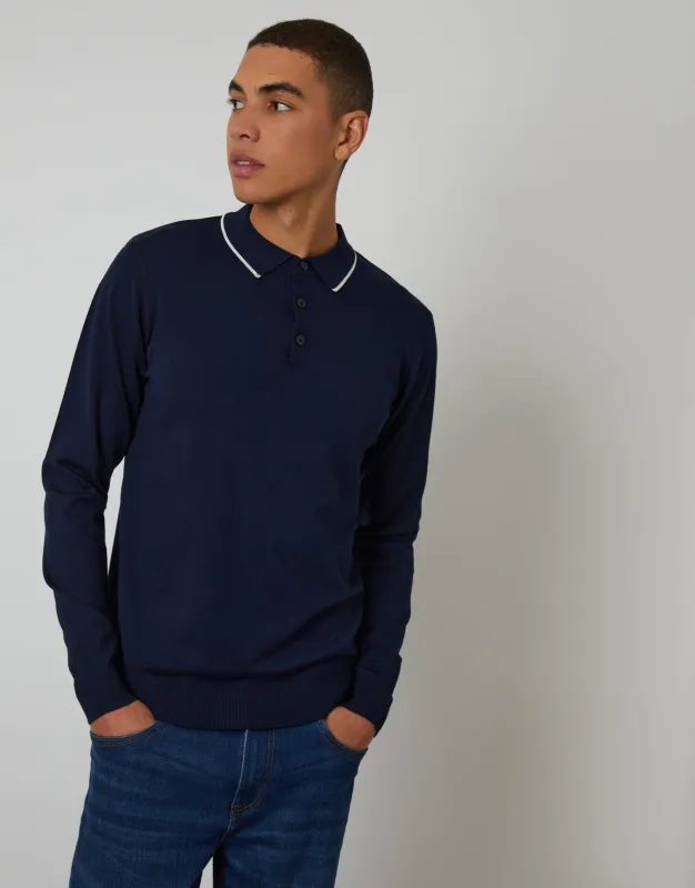 Navy Cable Knit Long Sleeve Polo Jumper sold by Threadbare