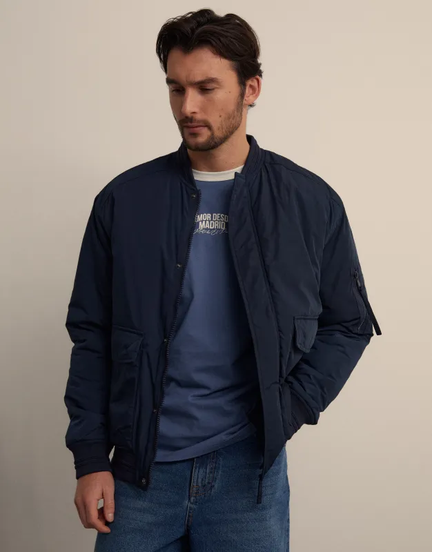Navy Padded Bomber Jacket sold by Threadbare
