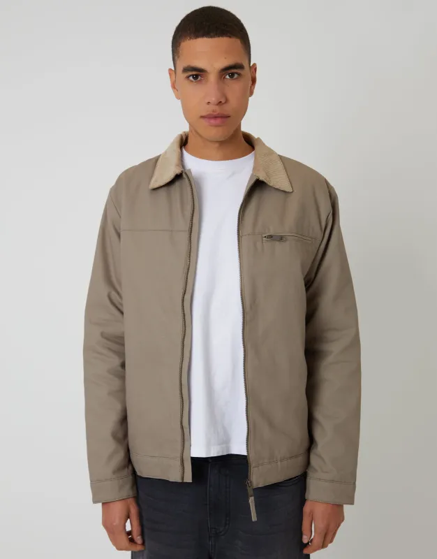 Mushroom Brown Lightweight Cotton Canvas Jacket With Corduroy Collar made by Threadbare