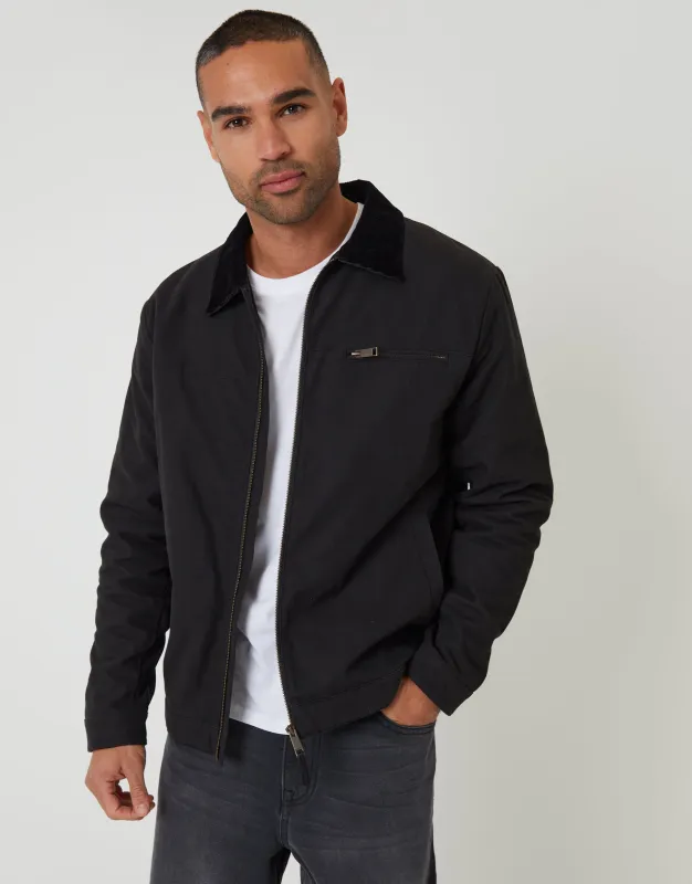 Black Lightweight Cotton Canvas Jacket With Corduroy Collar made by Threadbare