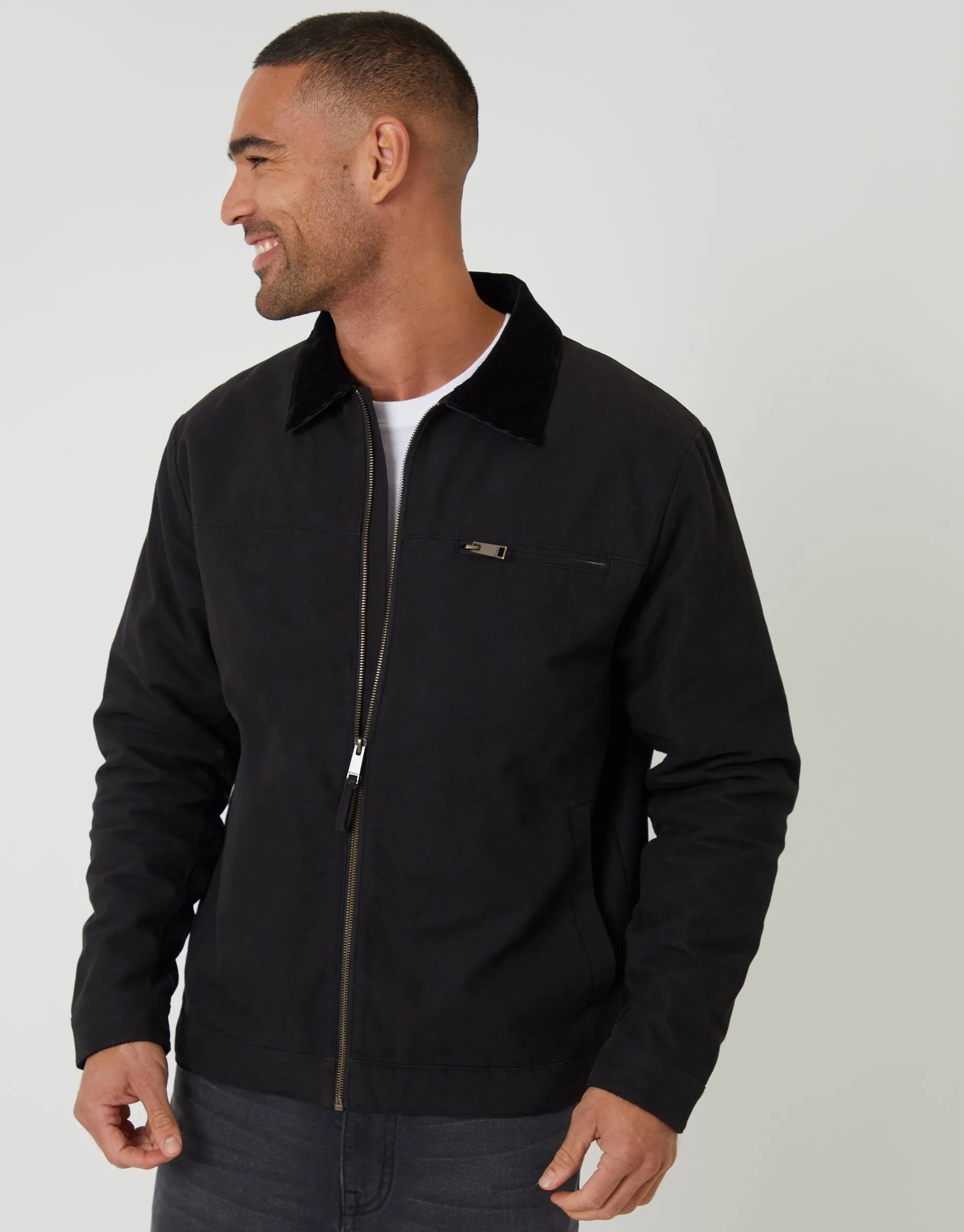 Black Lightweight Cotton Canvas Jacket With Corduroy Collar sold by Threadbare product image thumbnail 4
