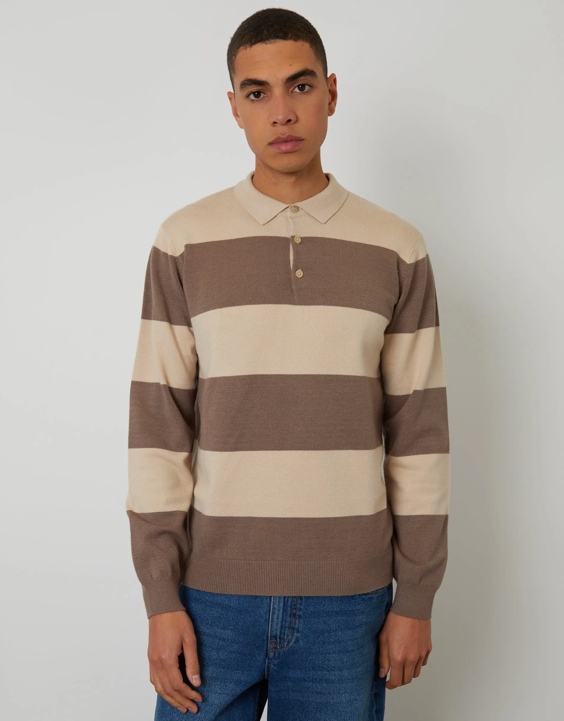 Taupe Striped Knitted Long Sleeve Rugby Polo sold by Threadbare product image thumbnail 5
