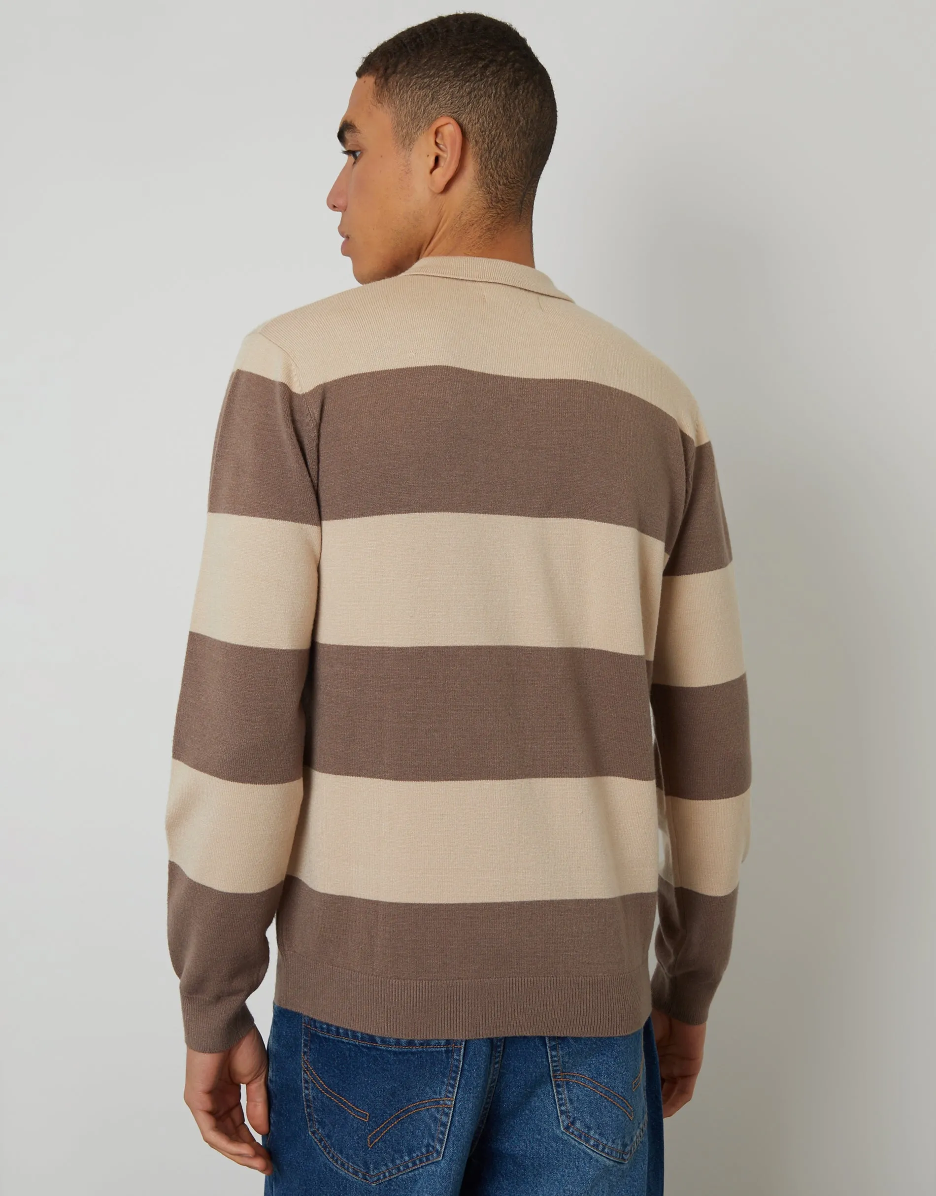 Taupe Striped Knitted Long Sleeve Rugby Polo sold by Threadbare product image thumbnail 2