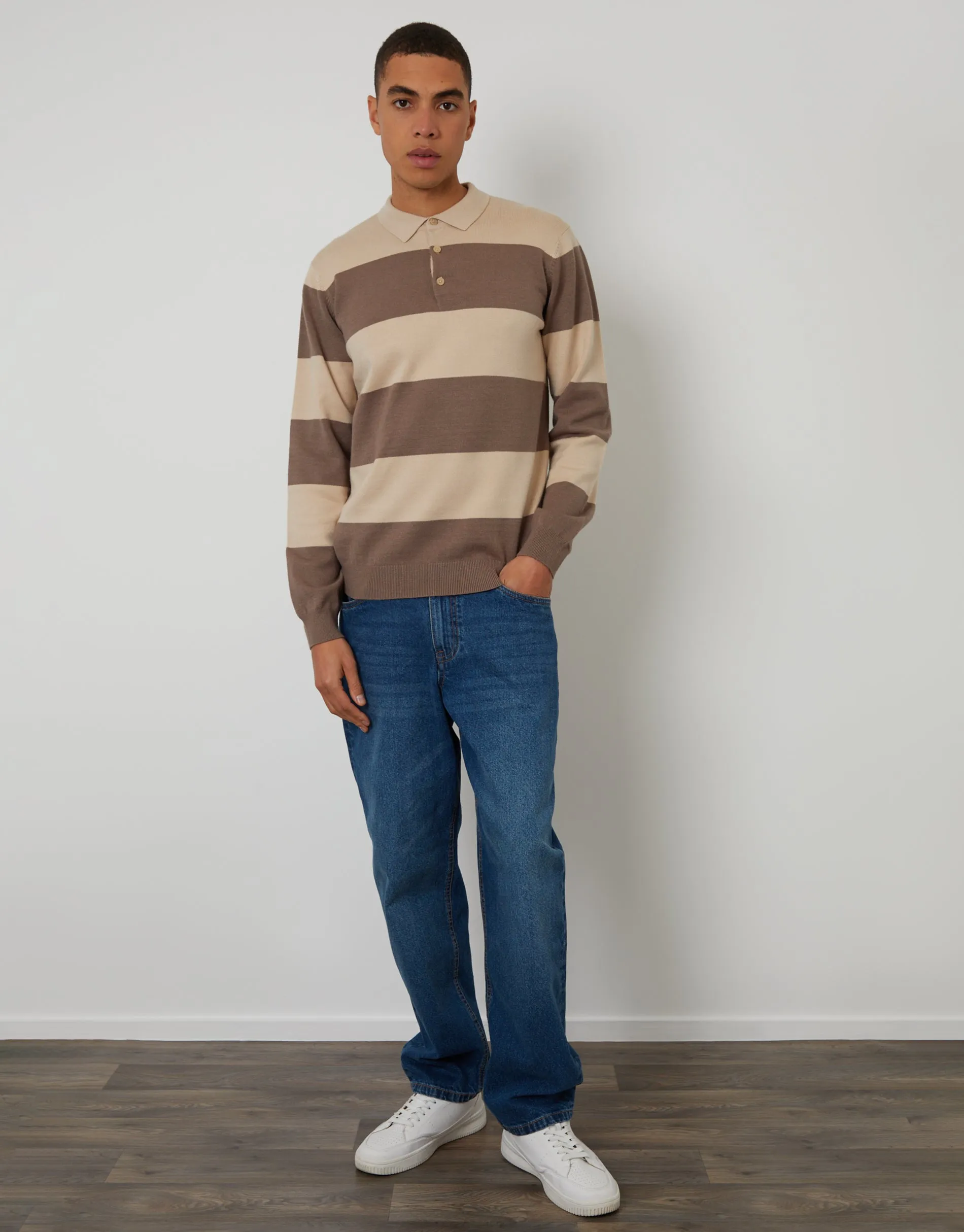 Taupe Striped Knitted Long Sleeve Rugby Polo sold by Threadbare product image thumbnail 3