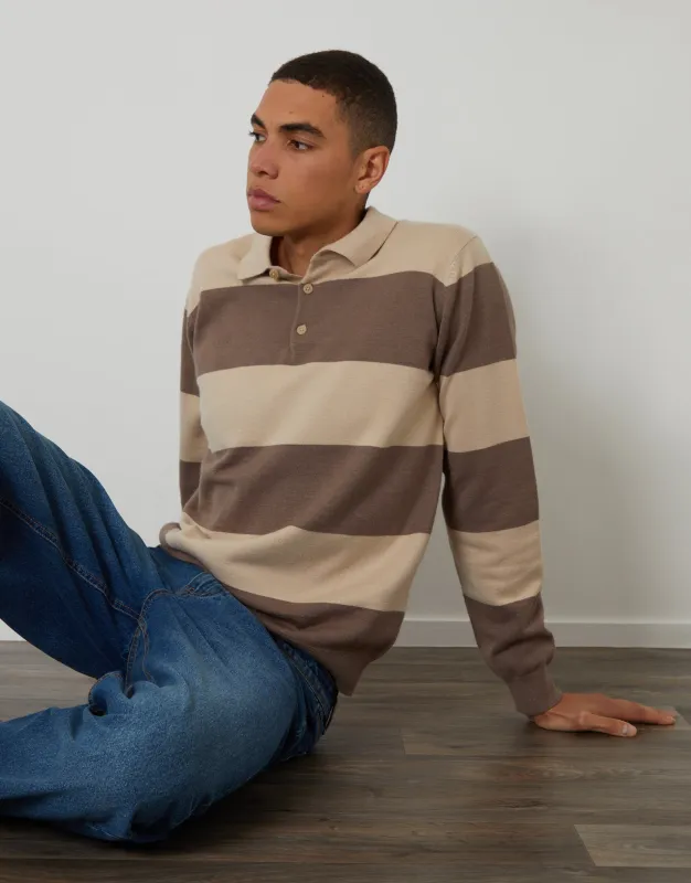 Taupe Striped Knitted Long Sleeve Rugby Polo sold by Threadbare