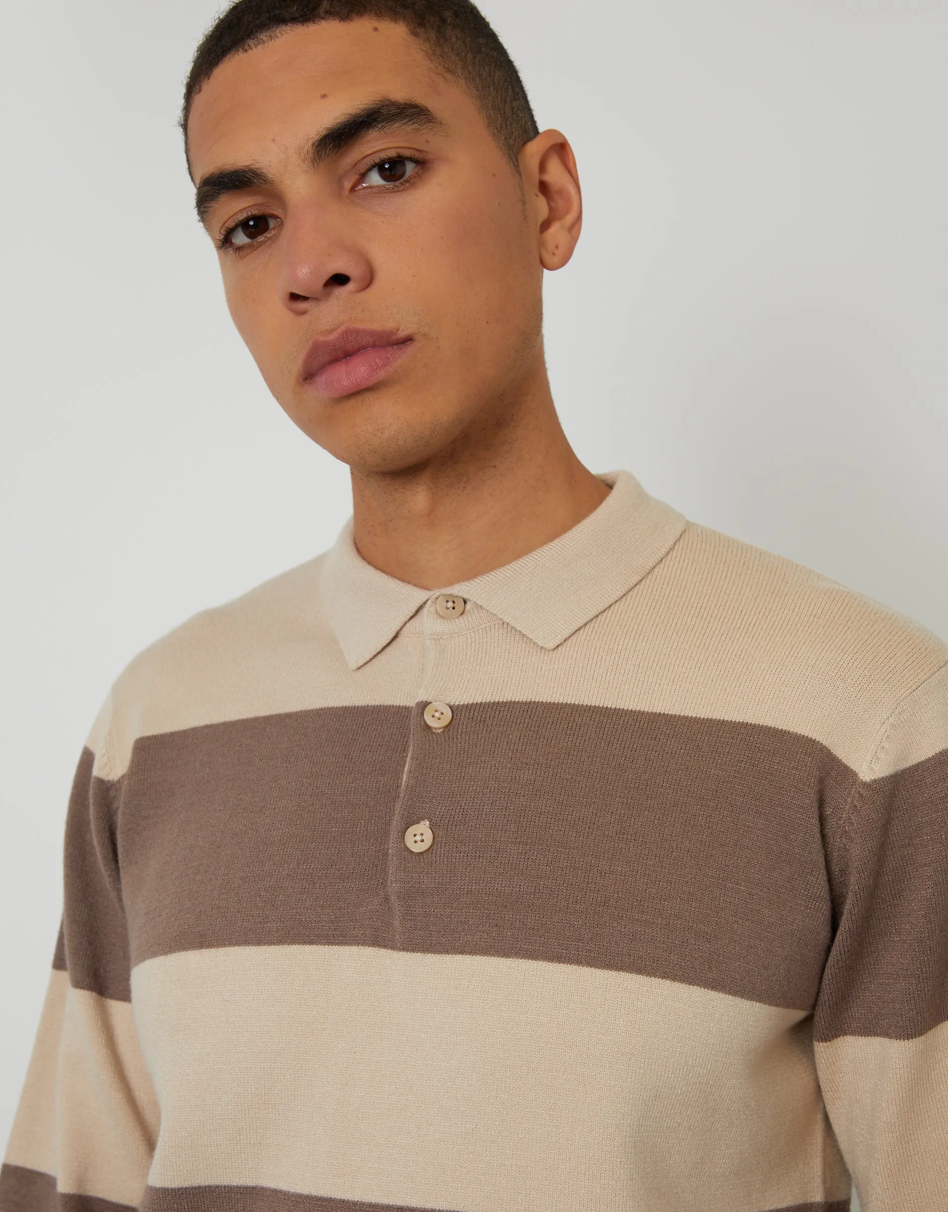 Taupe Striped Knitted Long Sleeve Rugby Polo sold by Threadbare product image thumbnail 4
