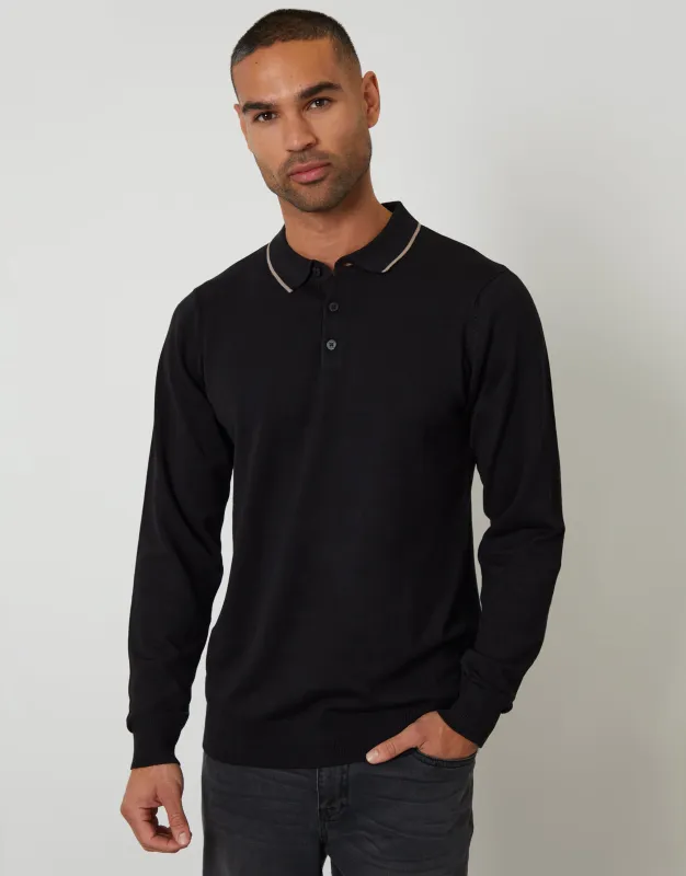 Black Knitted Long Sleeve Contrast Tipping Polo Jumper sold by Threadbare