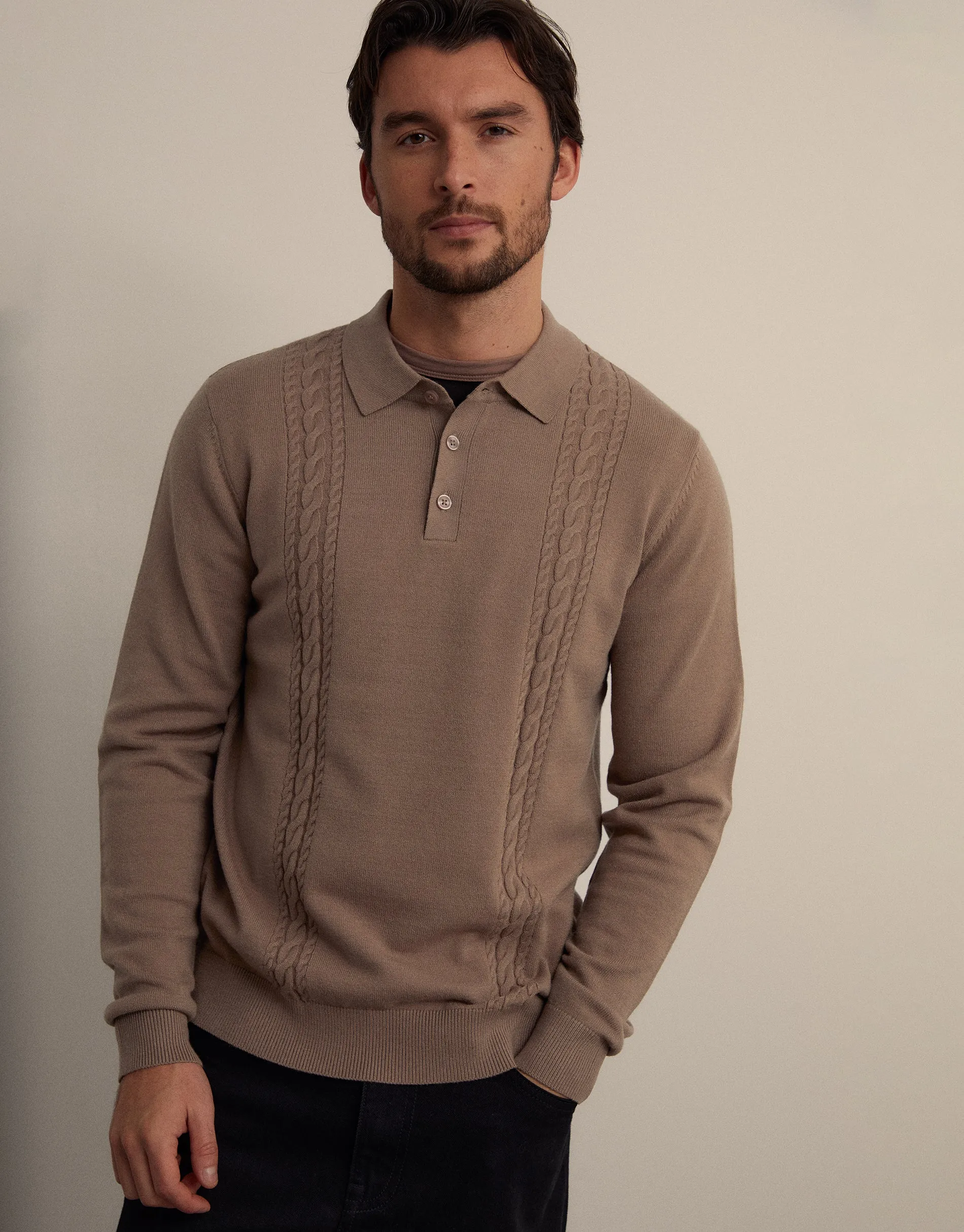 Taupe Cable Knit Long Sleeve Polo Jumper sold by Threadbare
