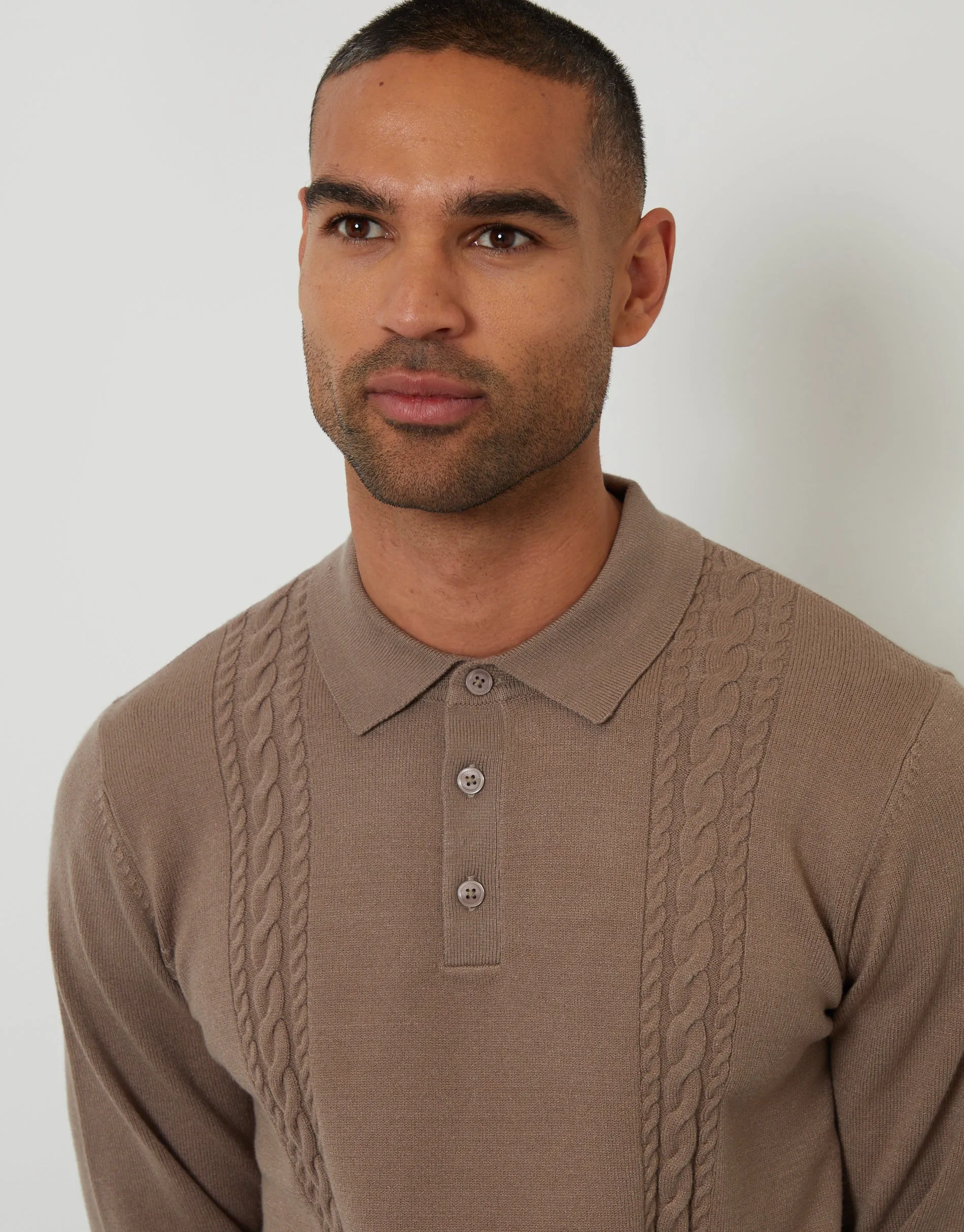 Taupe Cable Knit Long Sleeve Polo Jumper sold by Threadbare product image thumbnail 5