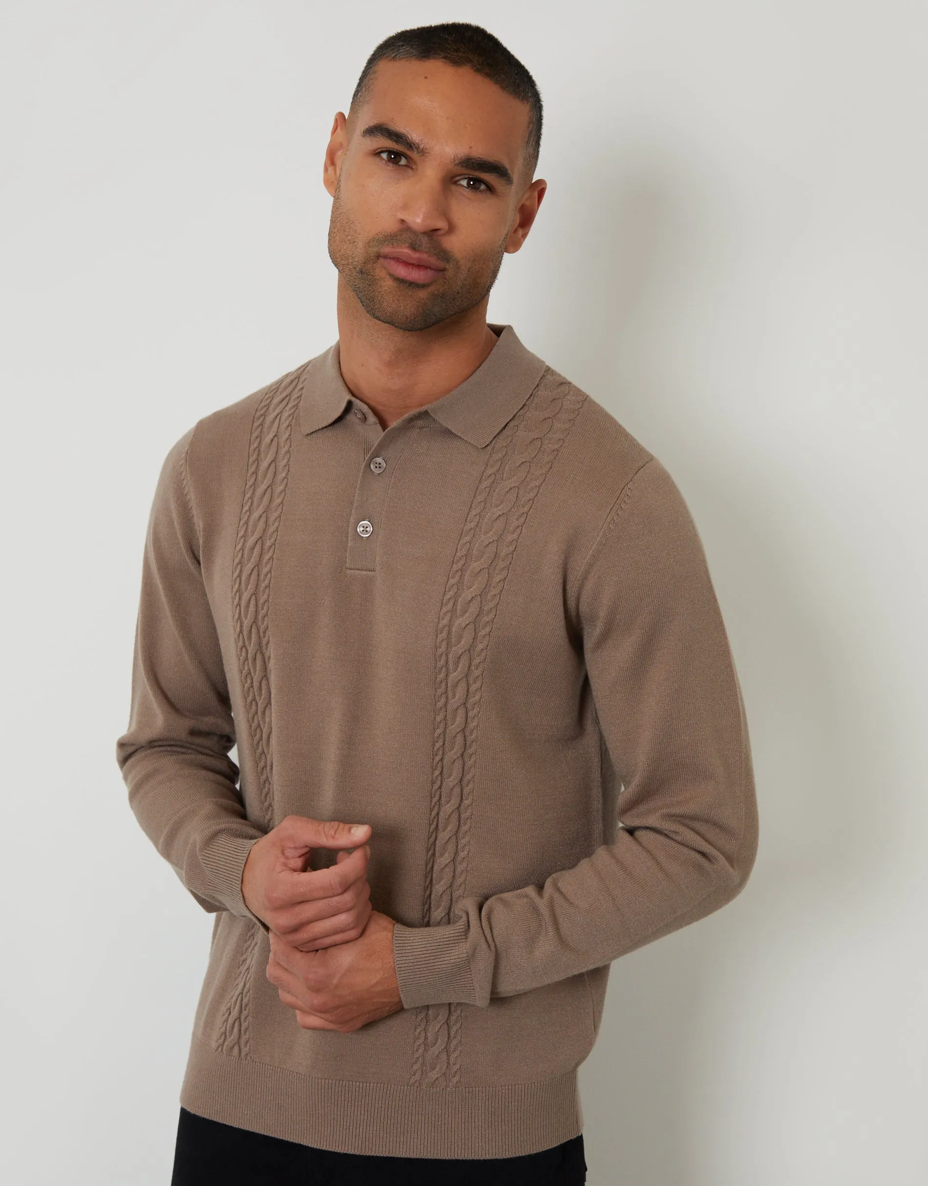 Taupe Cable Knit Long Sleeve Polo Jumper sold by Threadbare product image thumbnail 2