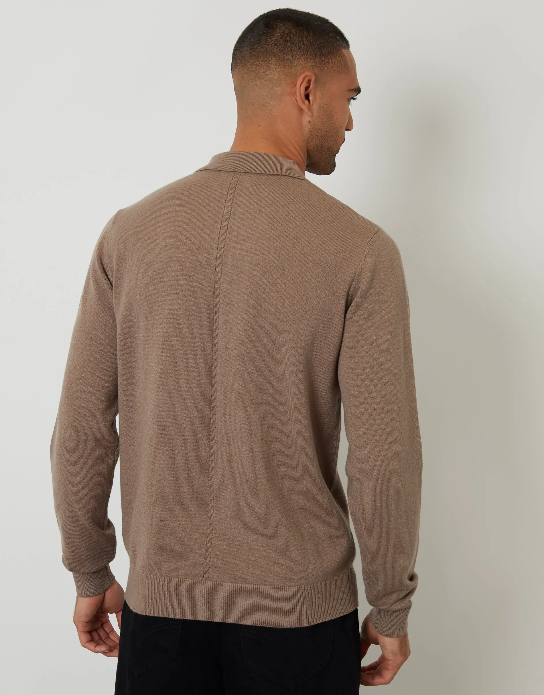 Taupe Cable Knit Long Sleeve Polo Jumper sold by Threadbare product image thumbnail 3