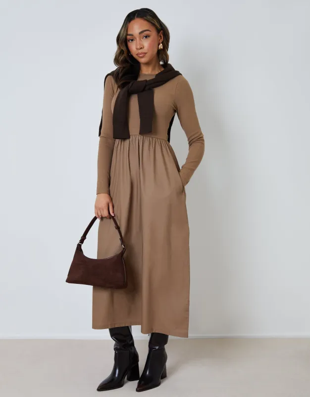 Taupe Rib Jersey 2-in-1 Midi Dress with Poplin Skirt sold by Threadbare