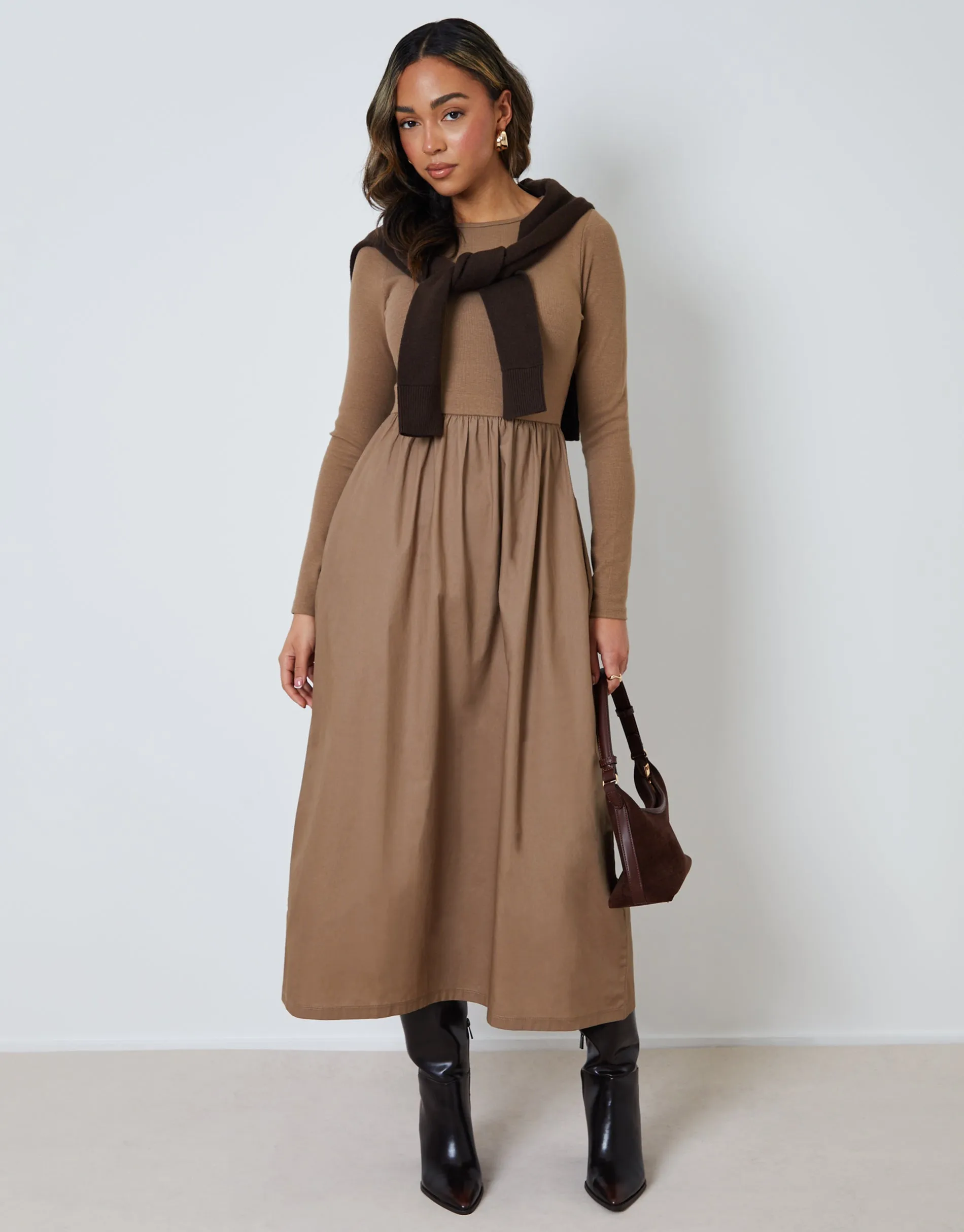 Taupe Rib Jersey 2-in-1 Midi Dress with Poplin Skirt sold by Threadbare product image thumbnail 4