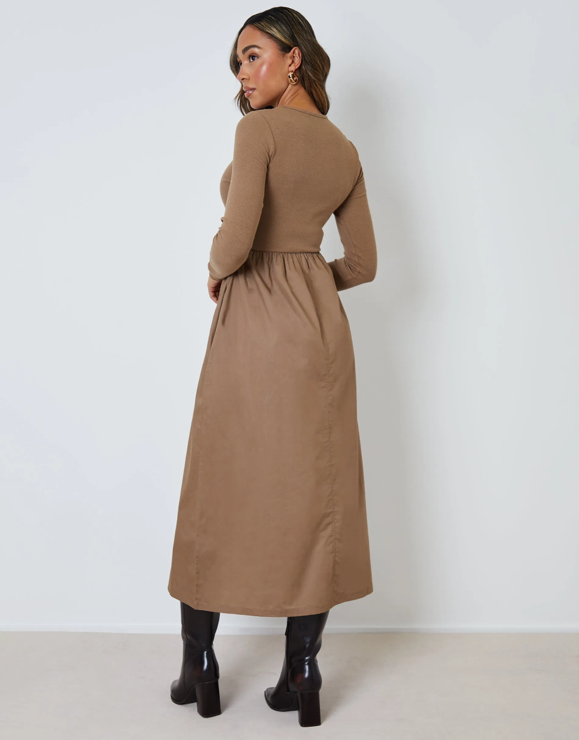 Taupe Rib Jersey 2-in-1 Midi Dress with Poplin Skirt sold by Threadbare product image thumbnail 2
