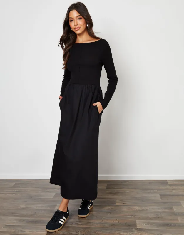 Black 2-in-1 Jersey Poplin Mix Slash Neck Long Sleeve Dress sold by Threadbare