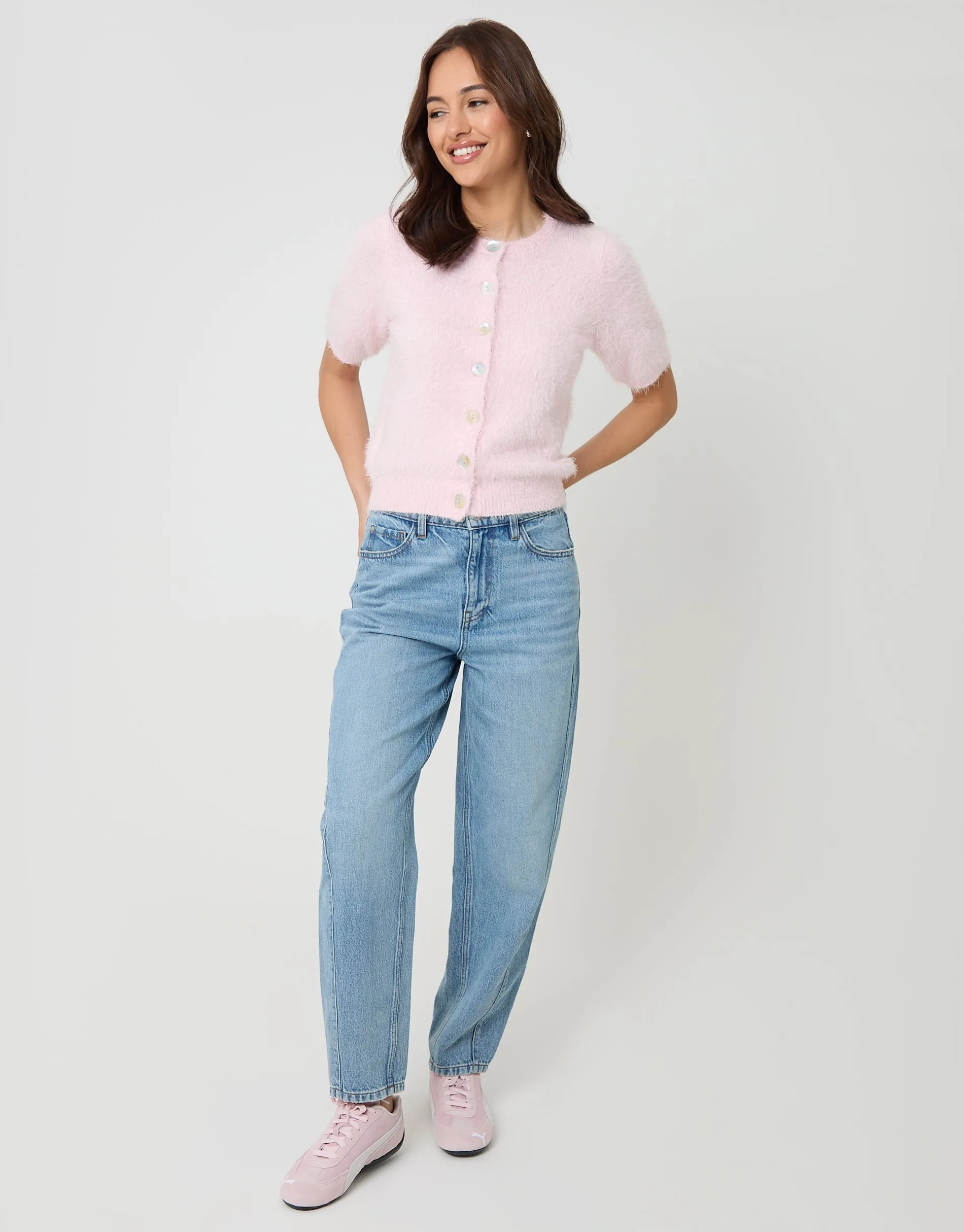 Pink Crew Neck Short Sleeve Knitted Cardigan sold by Threadbare product image thumbnail 3